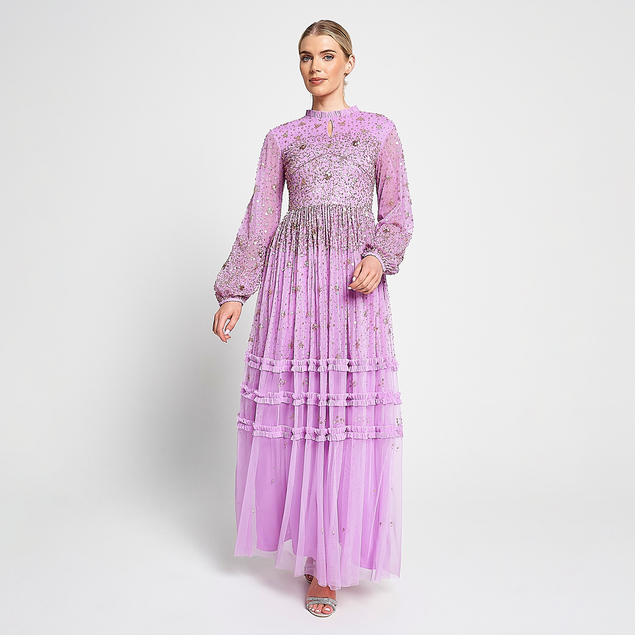 Amelia Rose Beaded & Sequin Ruffle Neck Fit & Flare Party Maxi Women's Dress-women-clothing-dresses-image-6