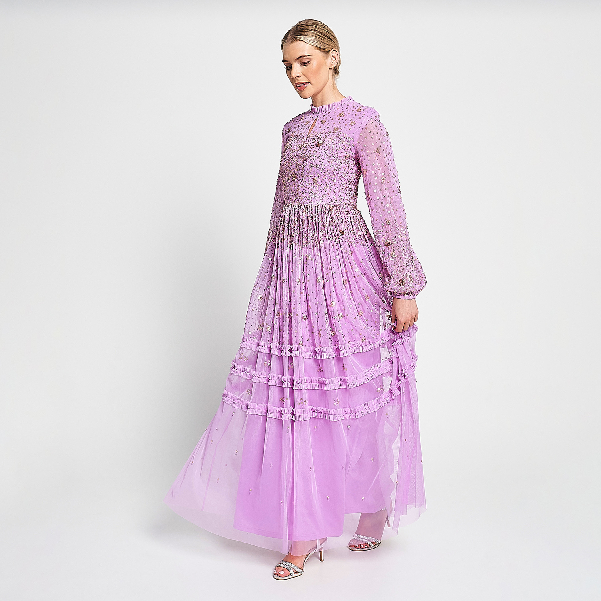 Amelia Rose Beaded & Sequin Ruffle Neck Fit & Flare Party Maxi Women's Dress-women-clothing-dresses-image-7