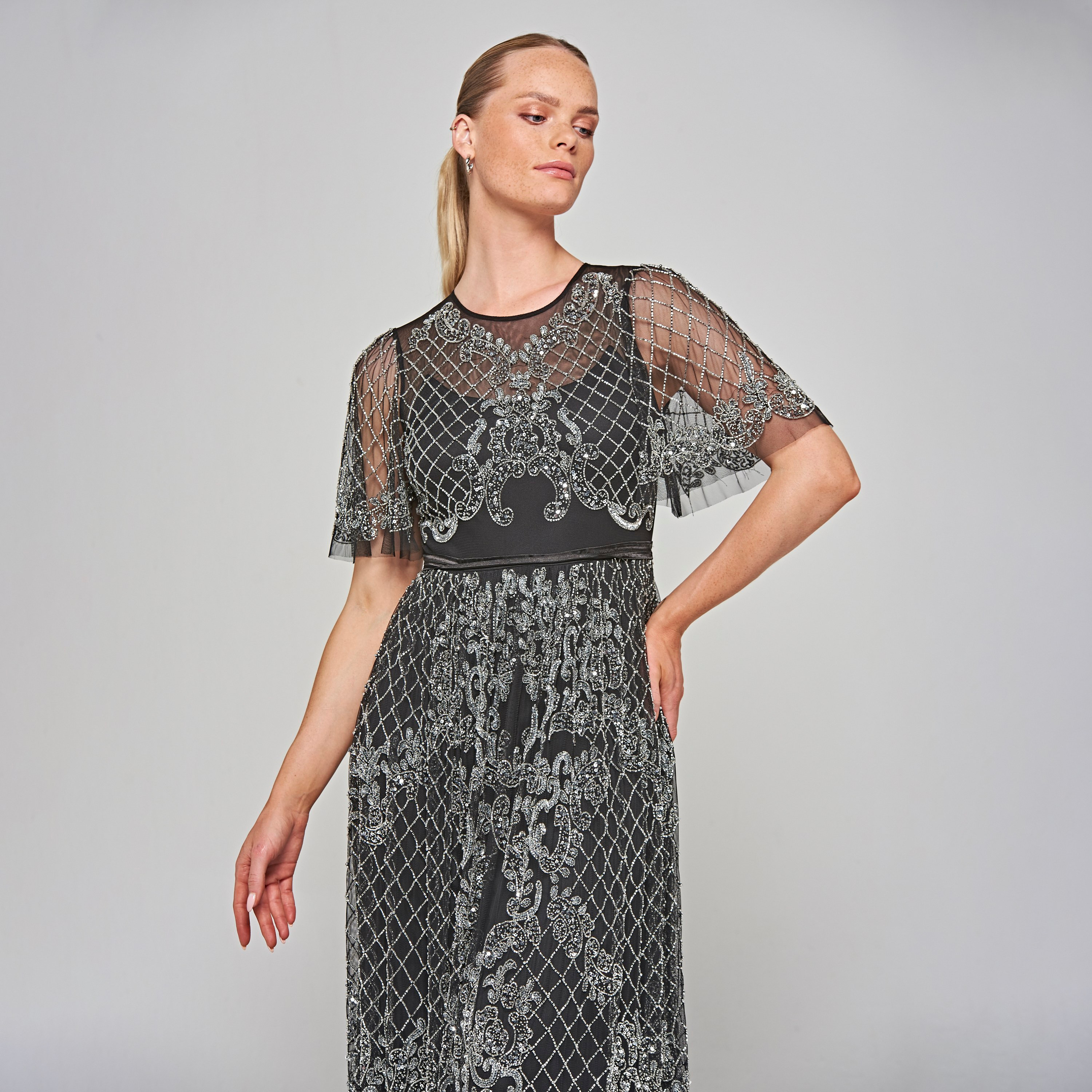 Amelia Rose Black Beaded & Sequin Flared Sleeves Fit & Flare Party Maxi Women's Dress-women-clothing-dresses-image-2