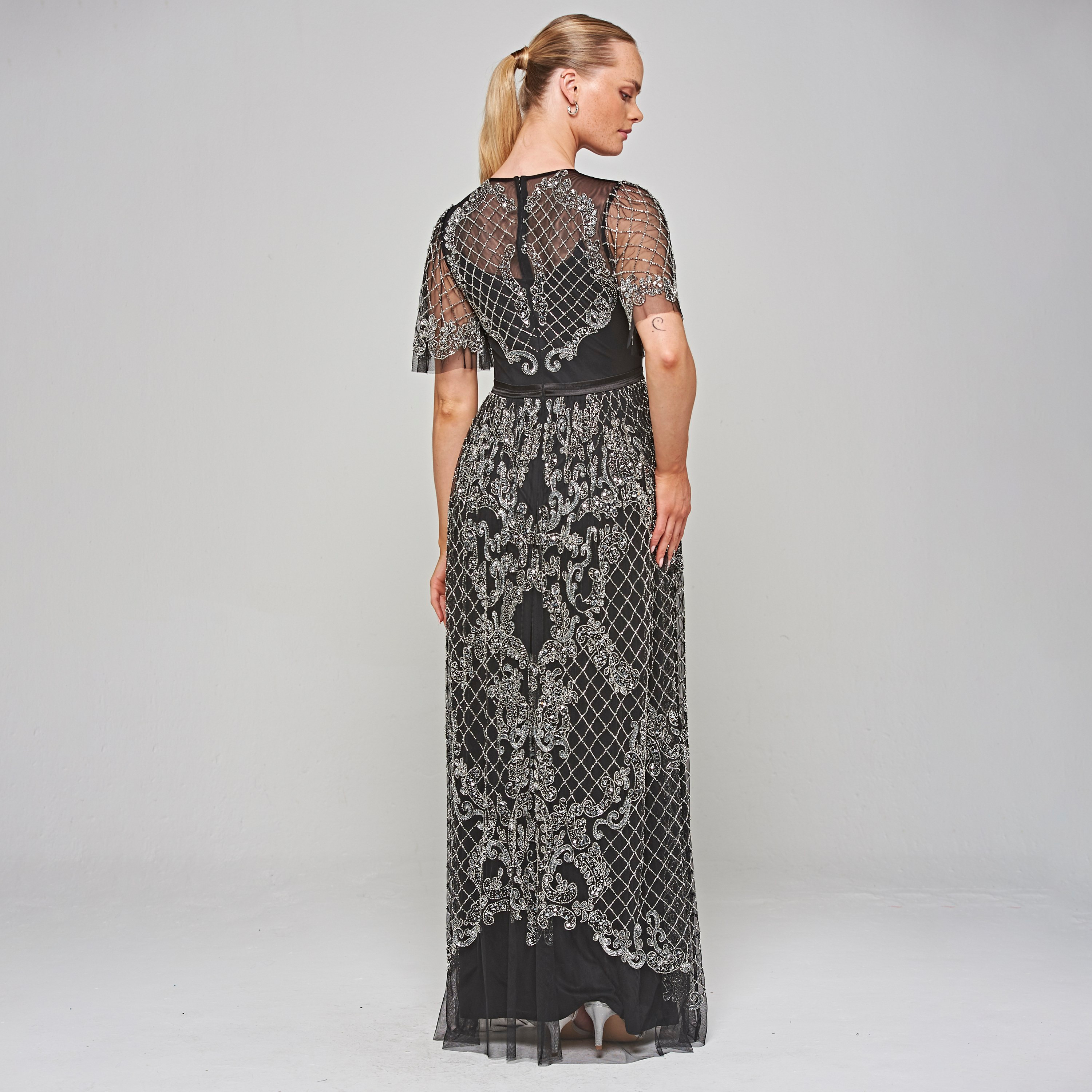 Amelia Rose Black Beaded & Sequin Flared Sleeves Fit & Flare Party Maxi Women's Dress-women-clothing-dresses-image-3