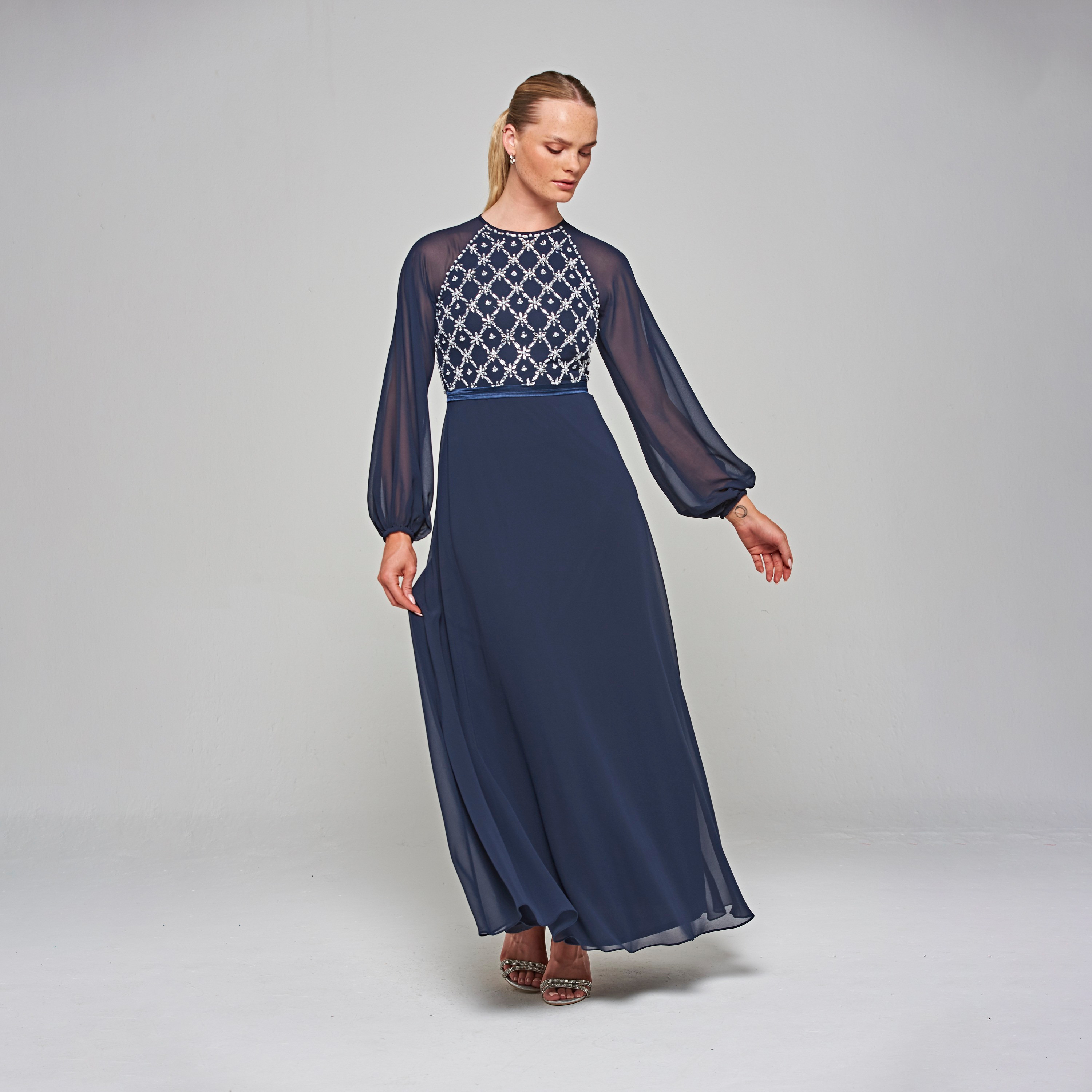 Amelia Rose Navy Blue Crystal & Beaded Raglan Long Sleeves Fit & Flare Party Maxi Women's Dress-women-clothing-dresses-image-1