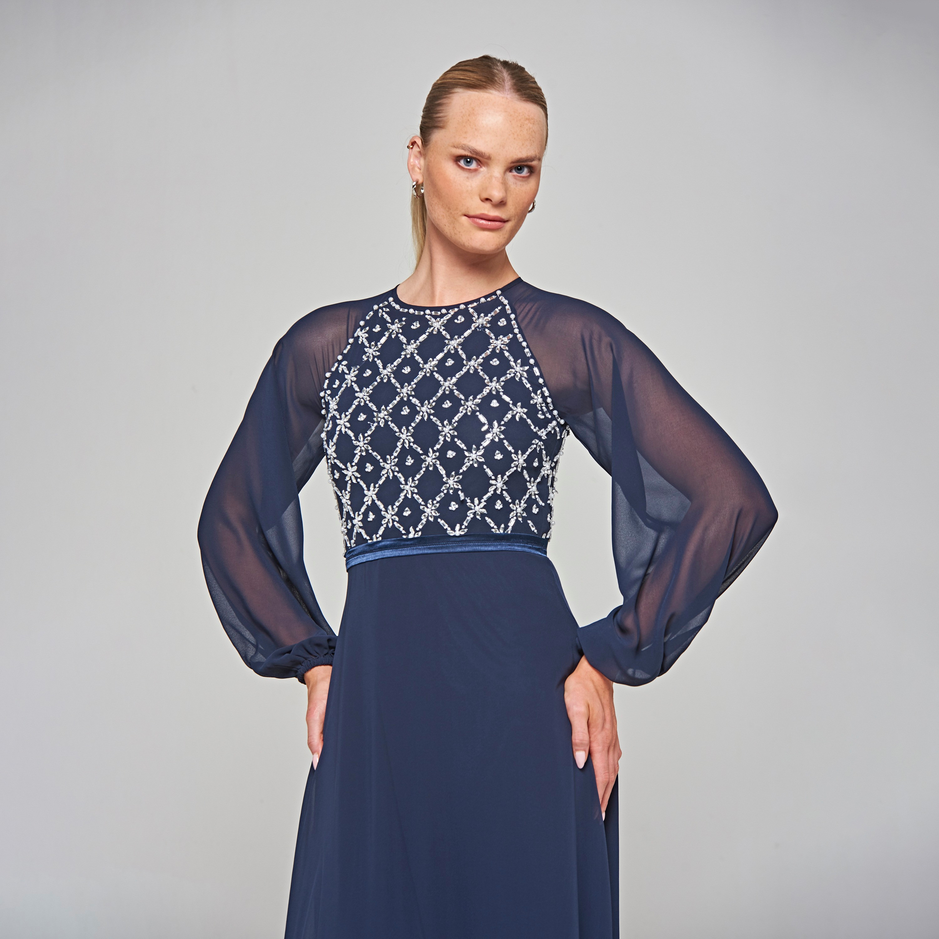 Amelia Rose Navy Blue Crystal & Beaded Raglan Long Sleeves Fit & Flare Party Maxi Women's Dress-women-clothing-dresses-image-2