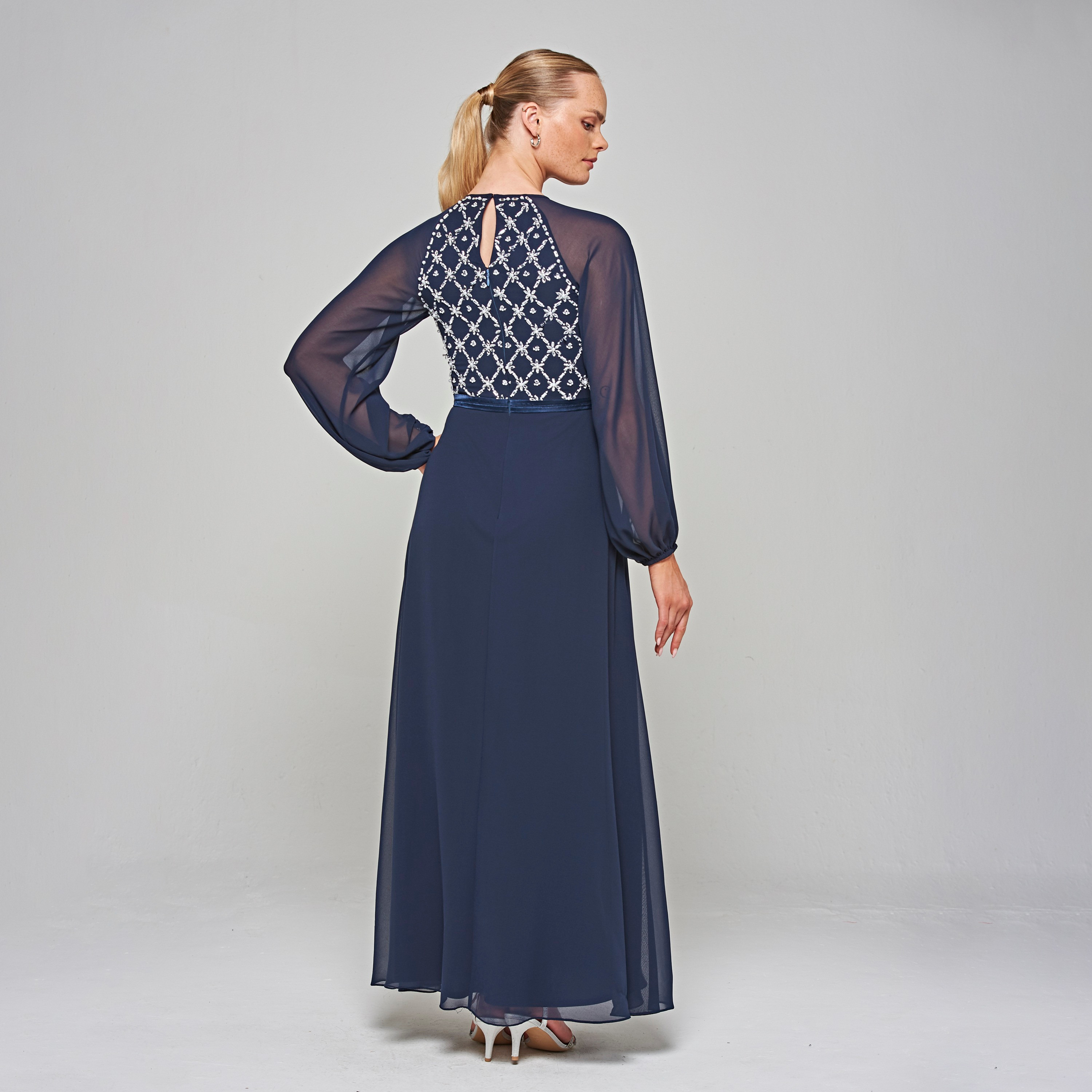 Amelia Rose Navy Blue Crystal & Beaded Raglan Long Sleeves Fit & Flare Party Maxi Women's Dress-women-clothing-dresses-image-3