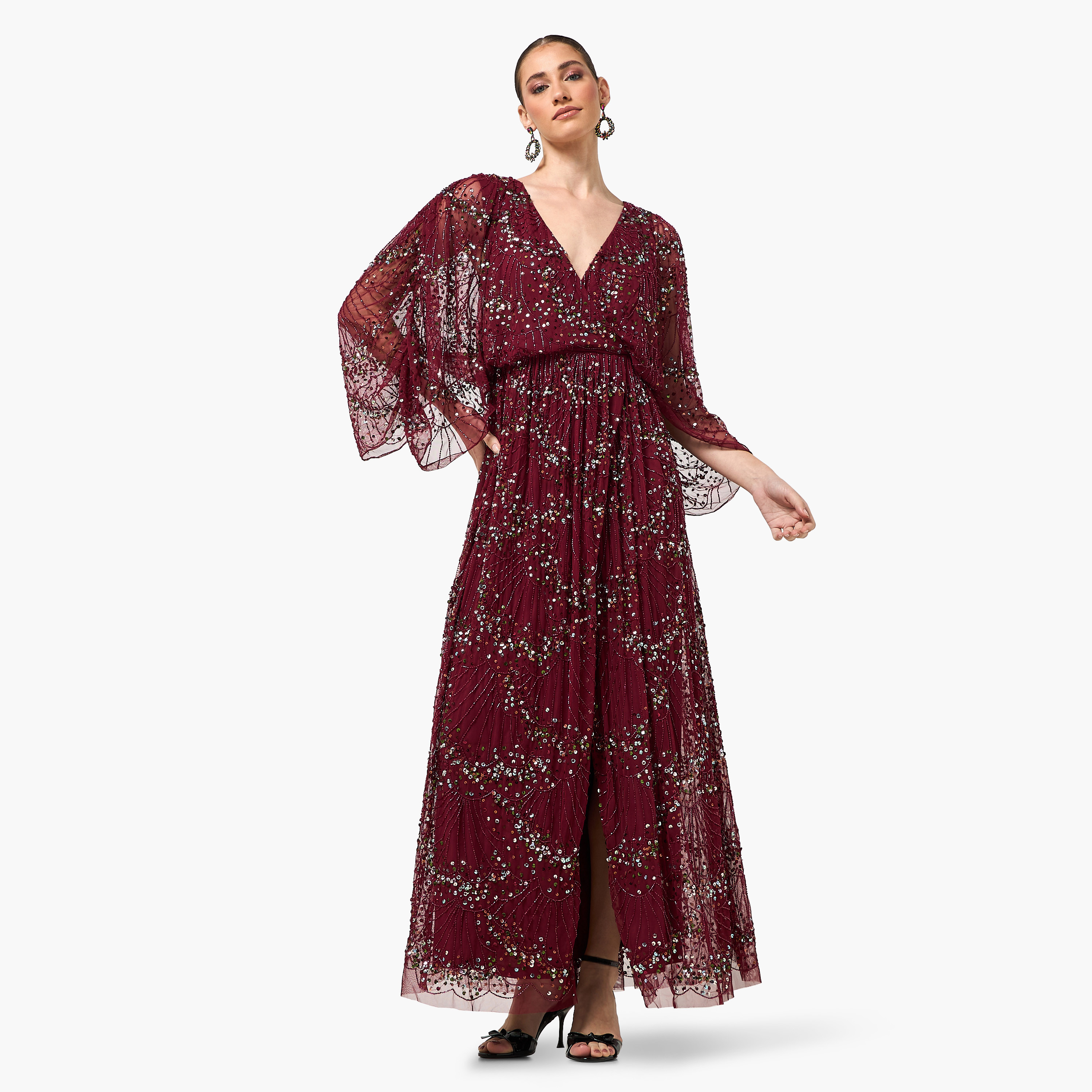 Amelia Rose Brown Beaded & Sequined Surplice Neck Flared Sleeves Women's Evening Maxi Dress-women-clothing-dresses-image-1