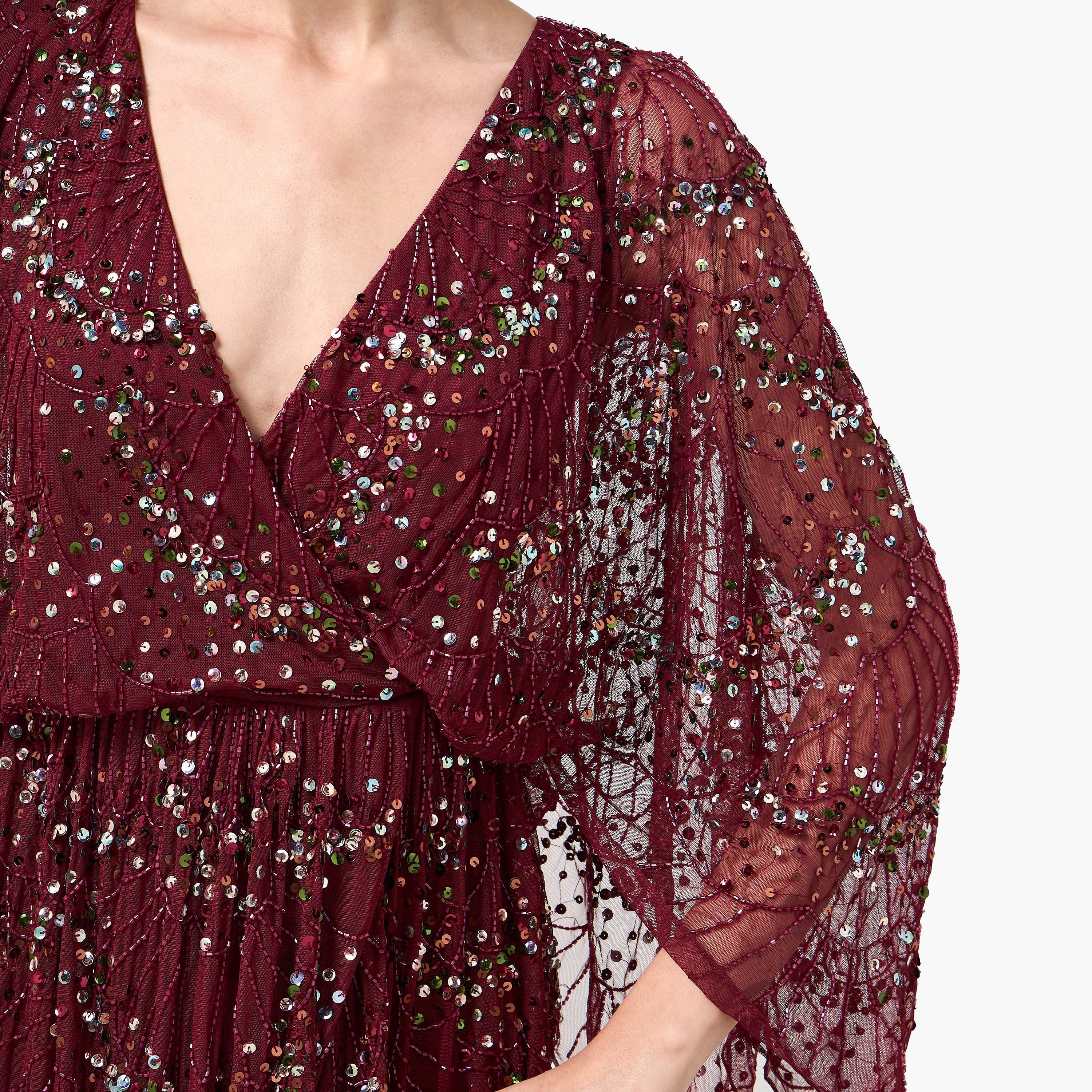 Amelia Rose Brown Beaded & Sequined Surplice Neck Flared Sleeves Women's Evening Maxi Dress-women-clothing-dresses-image-2