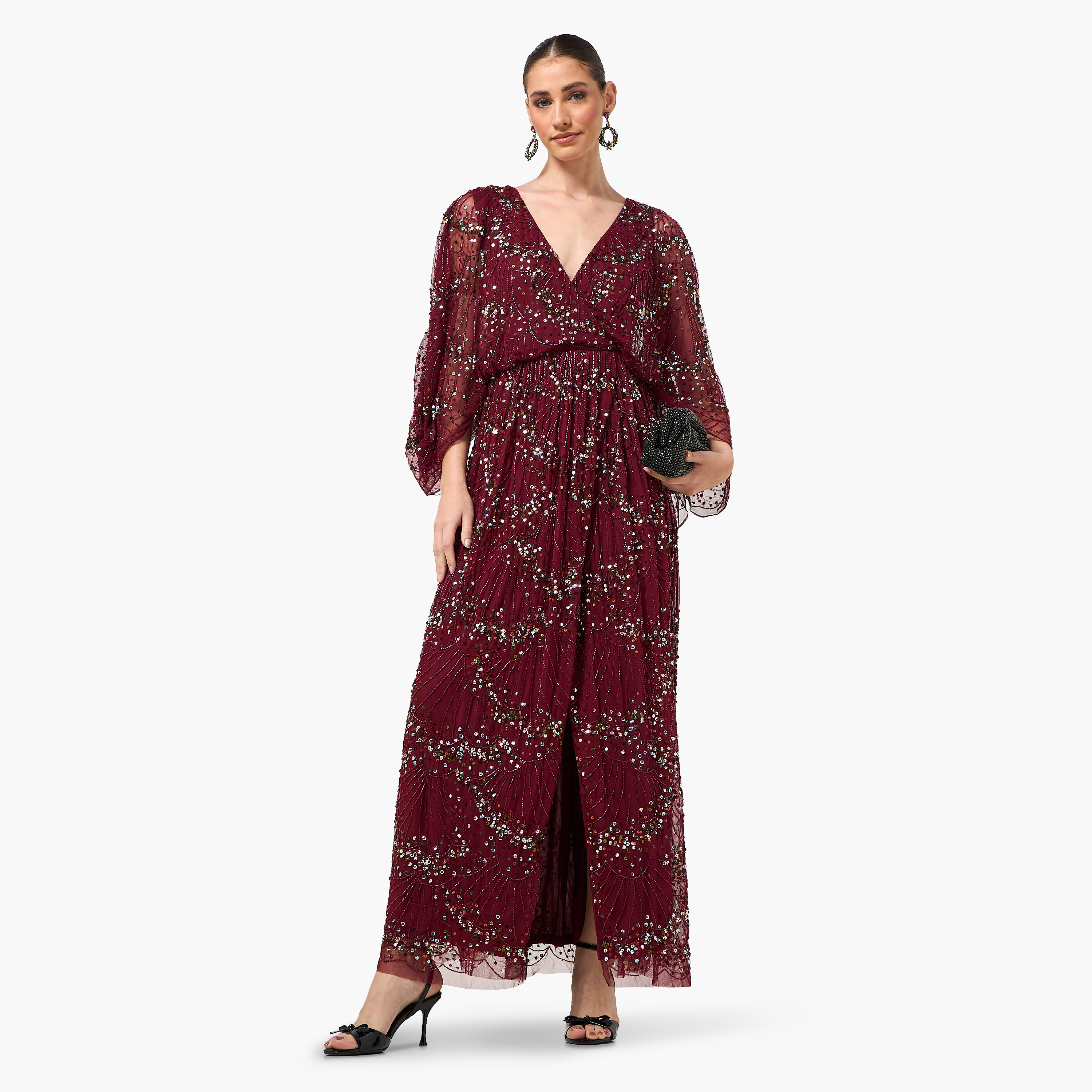 Amelia Rose Brown Beaded & Sequined Surplice Neck Flared Sleeves Women's Evening Maxi Dress-women-clothing-dresses-image-3