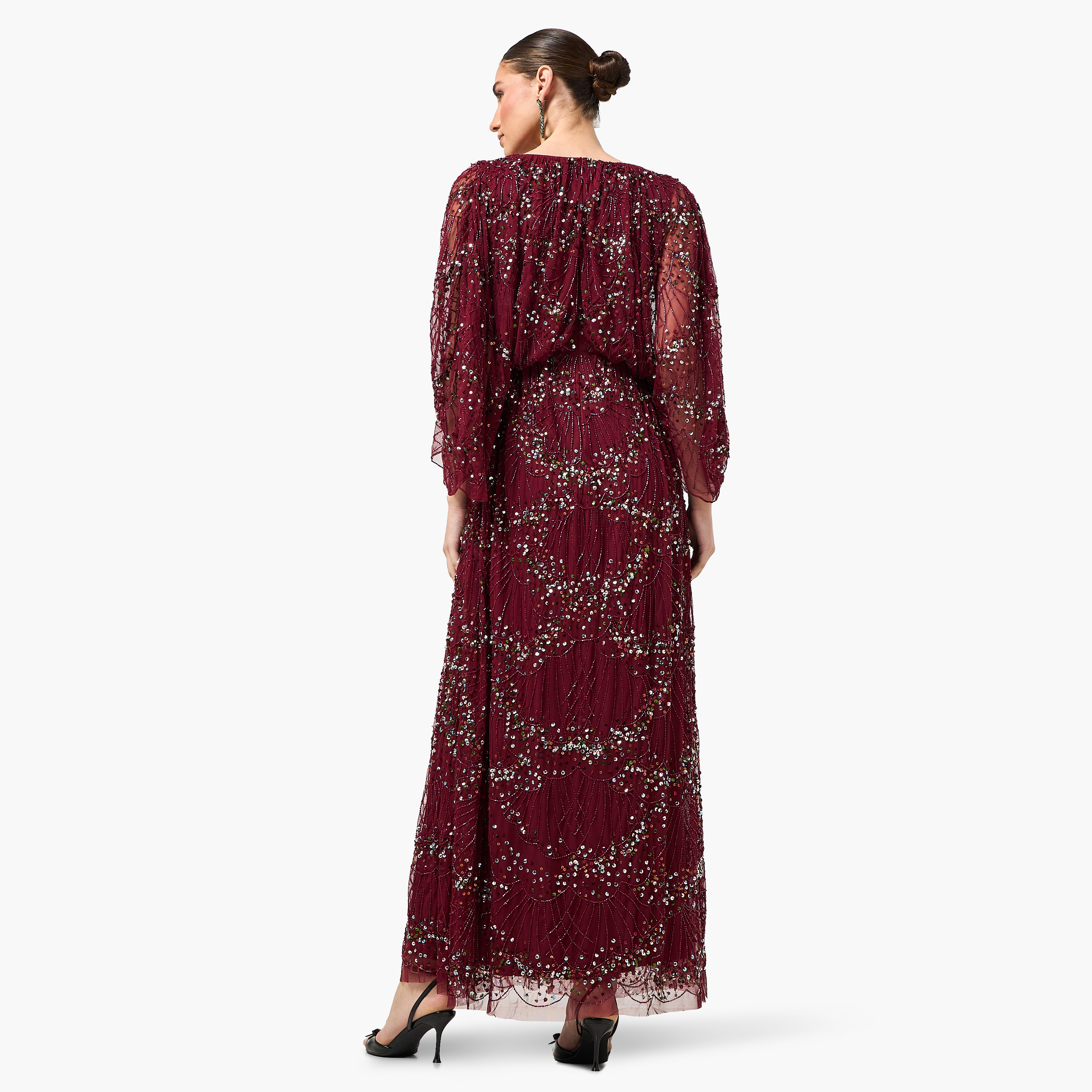 Amelia Rose Brown Beaded & Sequined Surplice Neck Flared Sleeves Women's Evening Maxi Dress-women-clothing-dresses-image-4