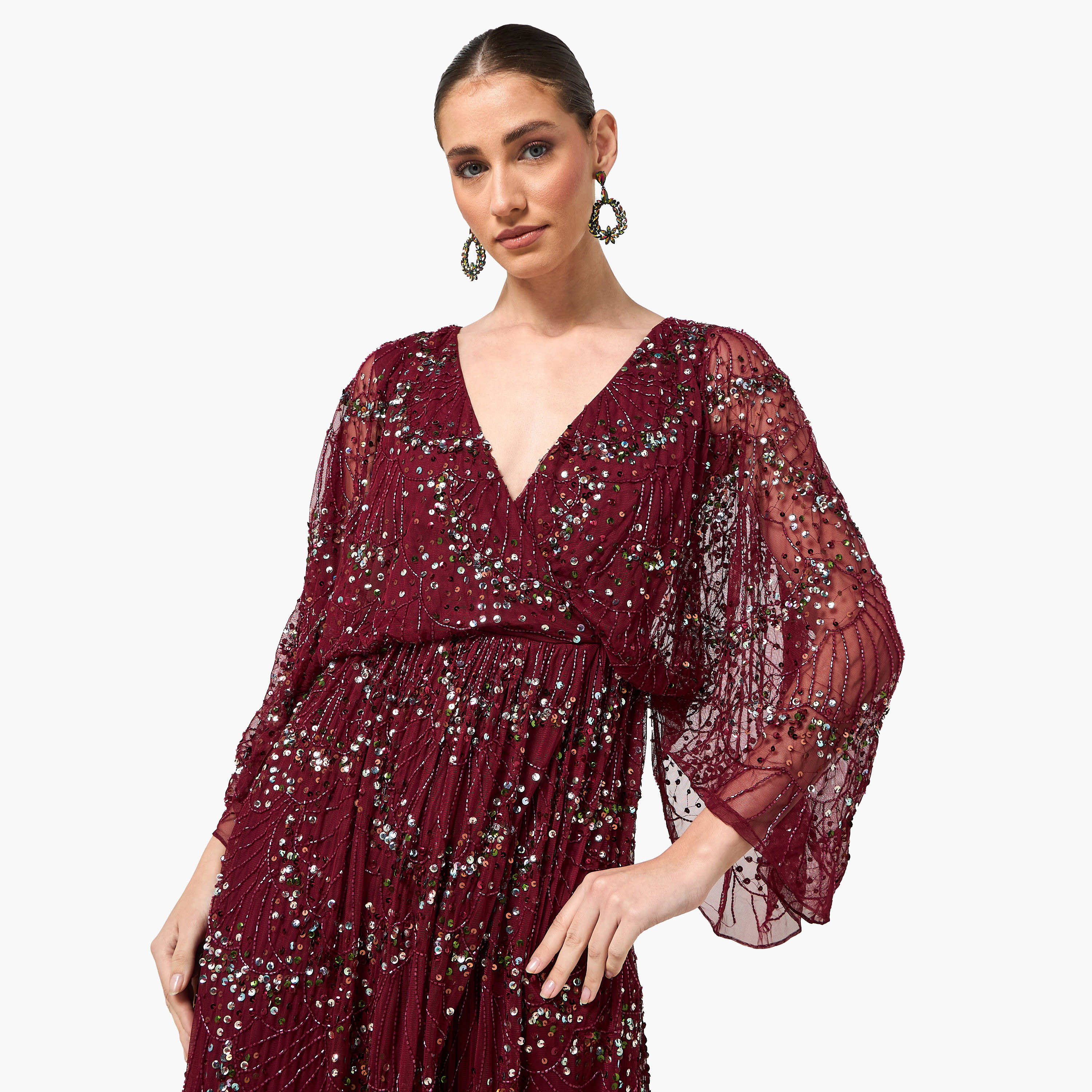 Amelia Rose Brown Beaded & Sequined Surplice Neck Flared Sleeves Women's Evening Maxi Dress-women-clothing-dresses-image-5