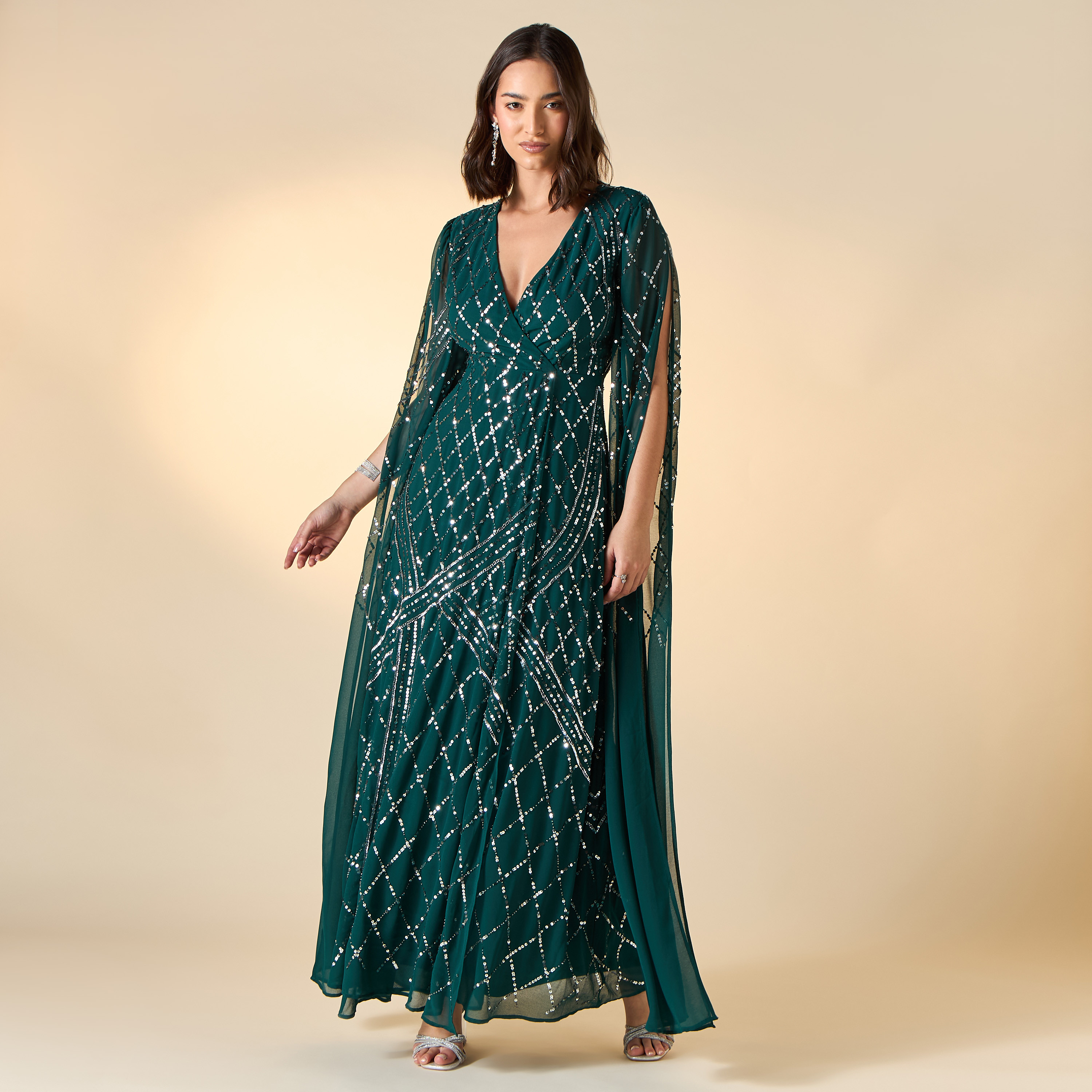 Amelia Rose Embellished Maxi Dress with V-neck and Cape Sleeves-women-clothing-dresses-image-1