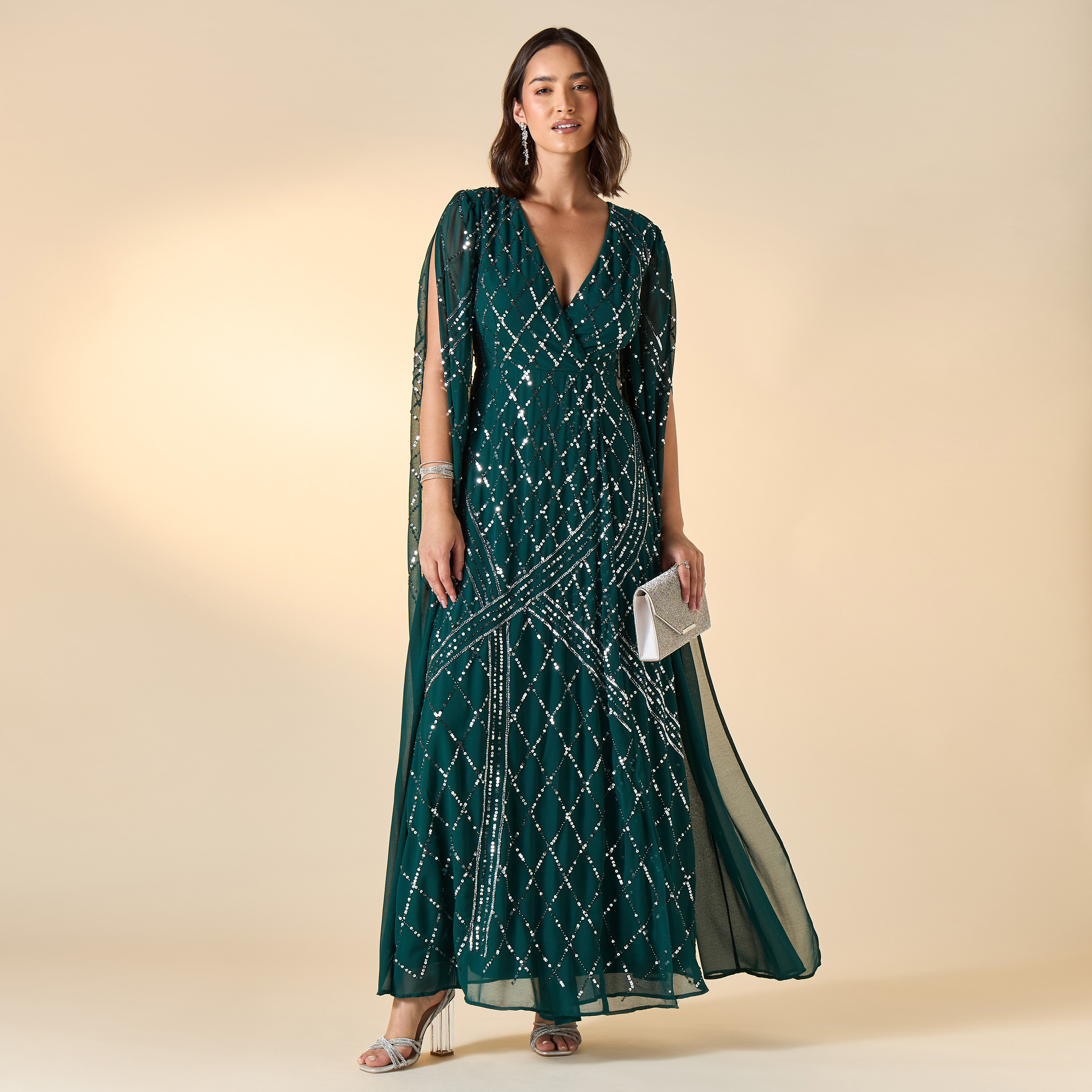 Amelia Rose Embellished Maxi Dress with V-neck and Cape Sleeves-women-clothing-dresses-image-3