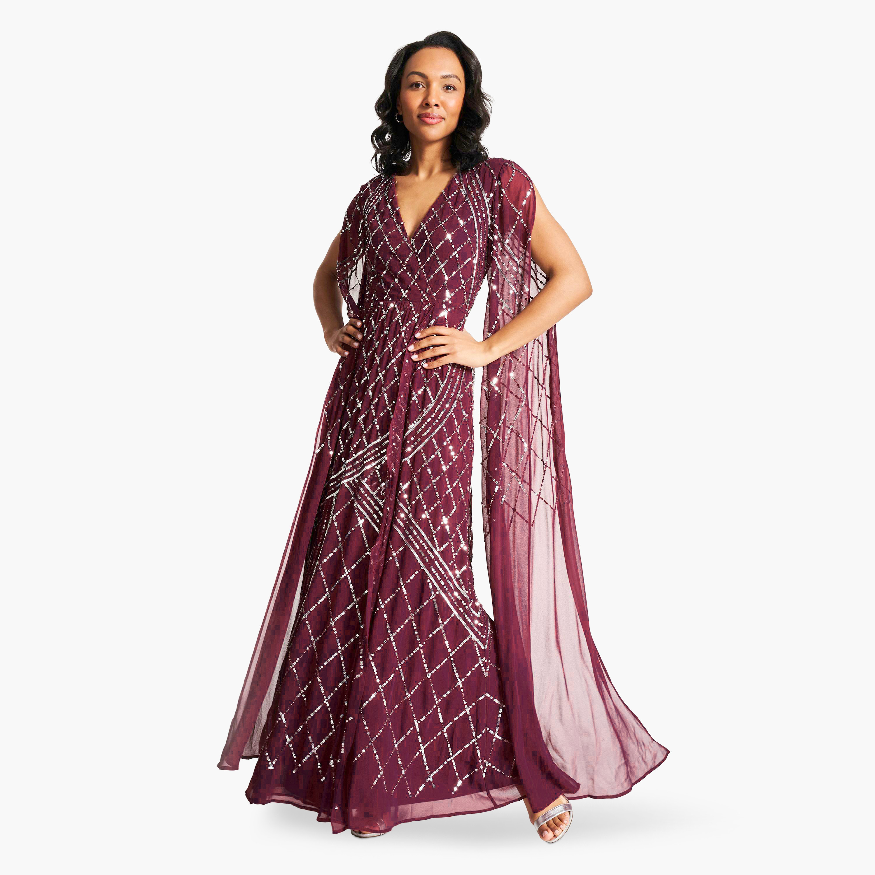 Amelia Rose Tawny Port Sequins Plunge Neck Cape Sleeves Evening Fit & Flare Women's Dress-women-clothing-dresses-image-1