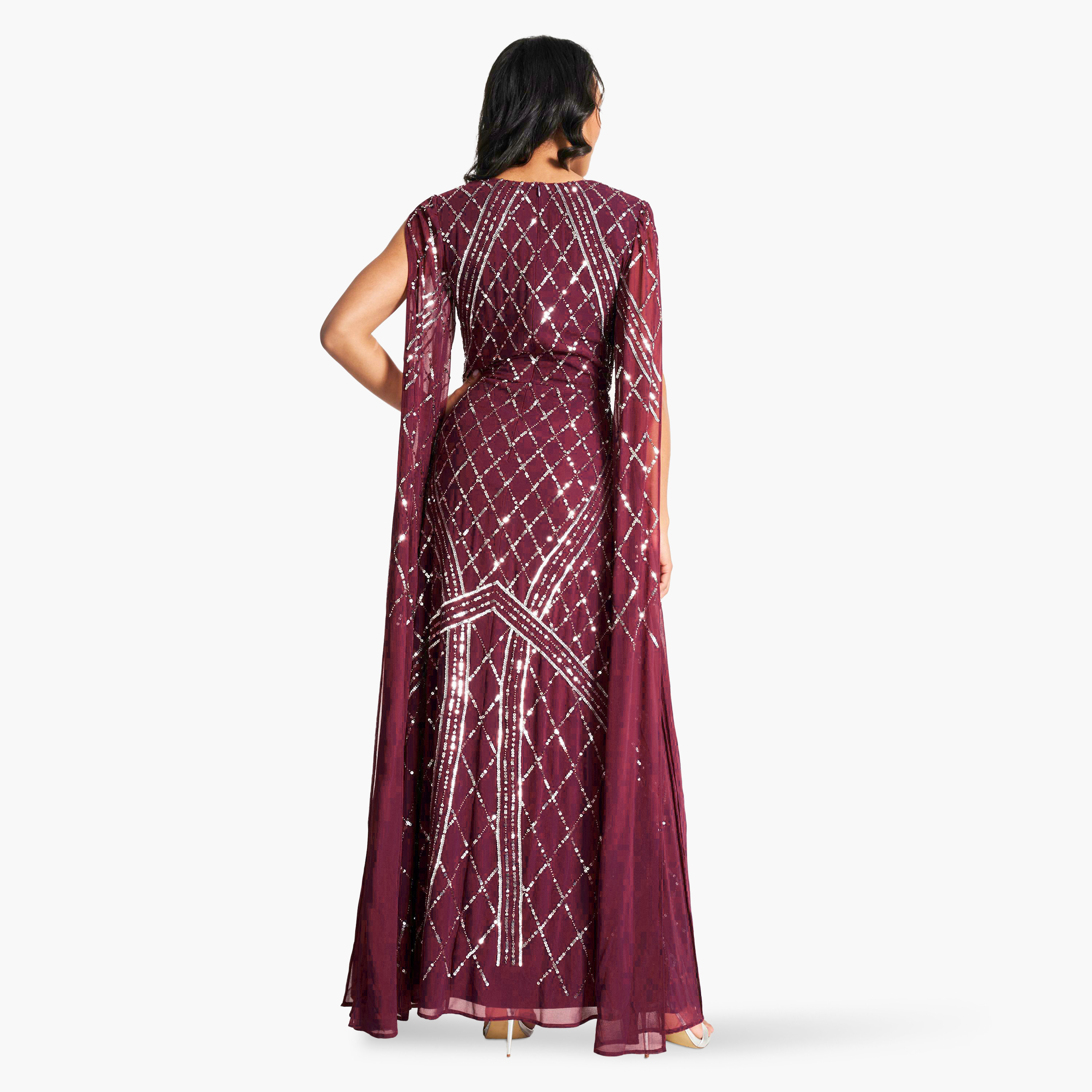 Amelia Rose Tawny Port Sequins Plunge Neck Cape Sleeves Evening Fit & Flare Women's Dress-women-clothing-dresses-image-2