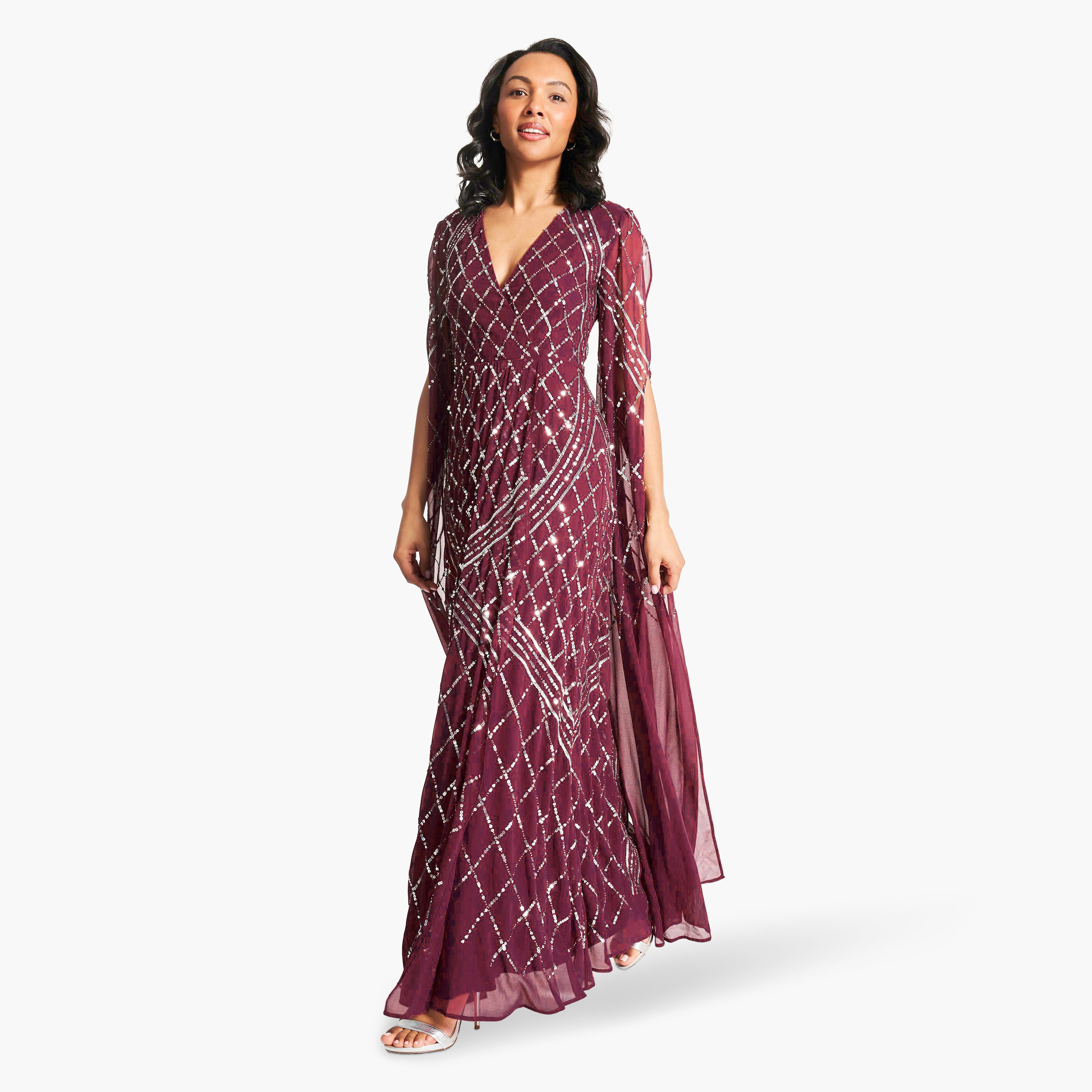 Amelia Rose Tawny Port Sequins Plunge Neck Cape Sleeves Evening Fit & Flare Women's Dress-women-clothing-dresses-image-5