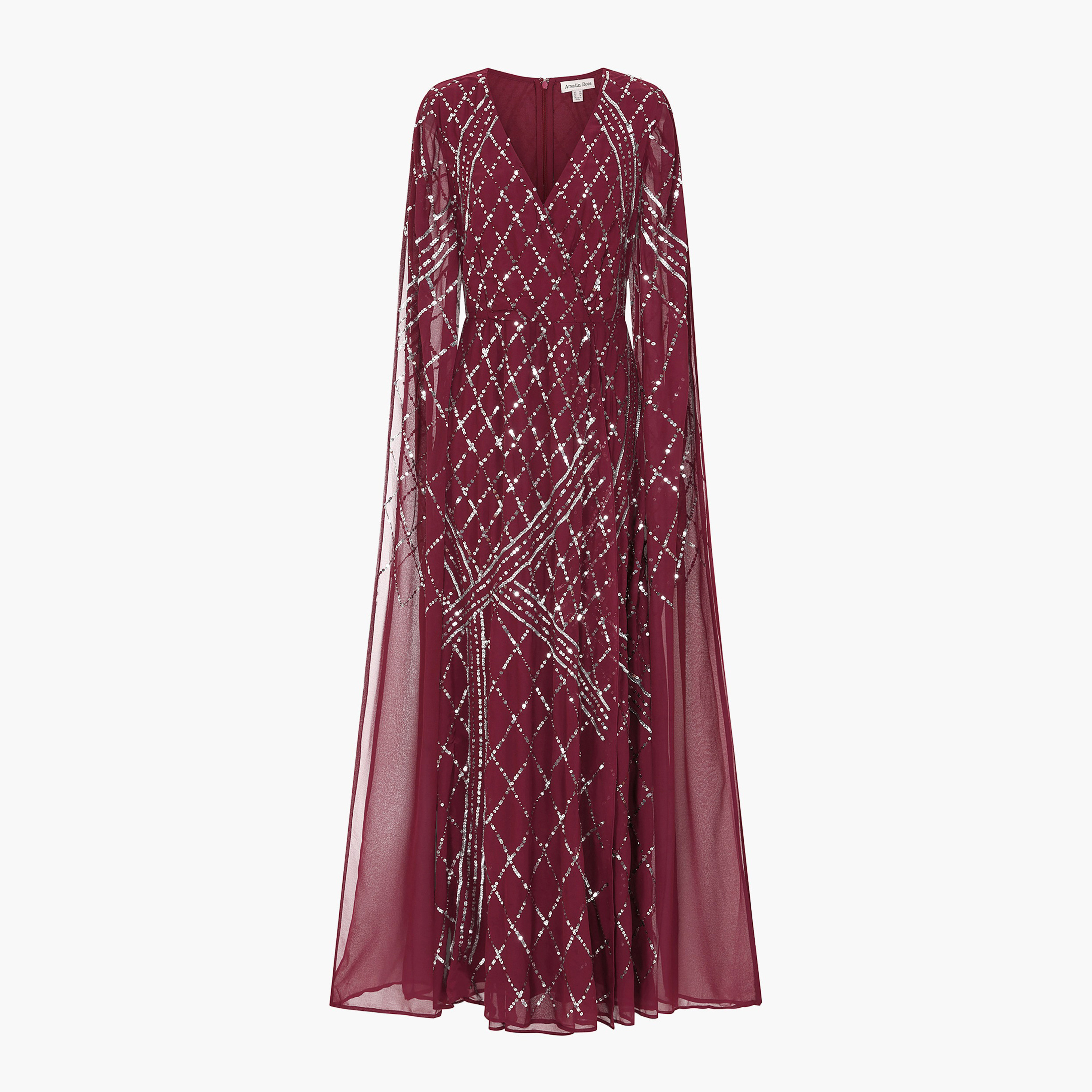 Amelia Rose Tawny Port Sequins Plunge Neck Cape Sleeves Evening Fit & Flare Women's Dress-women-clothing-dresses-image-7