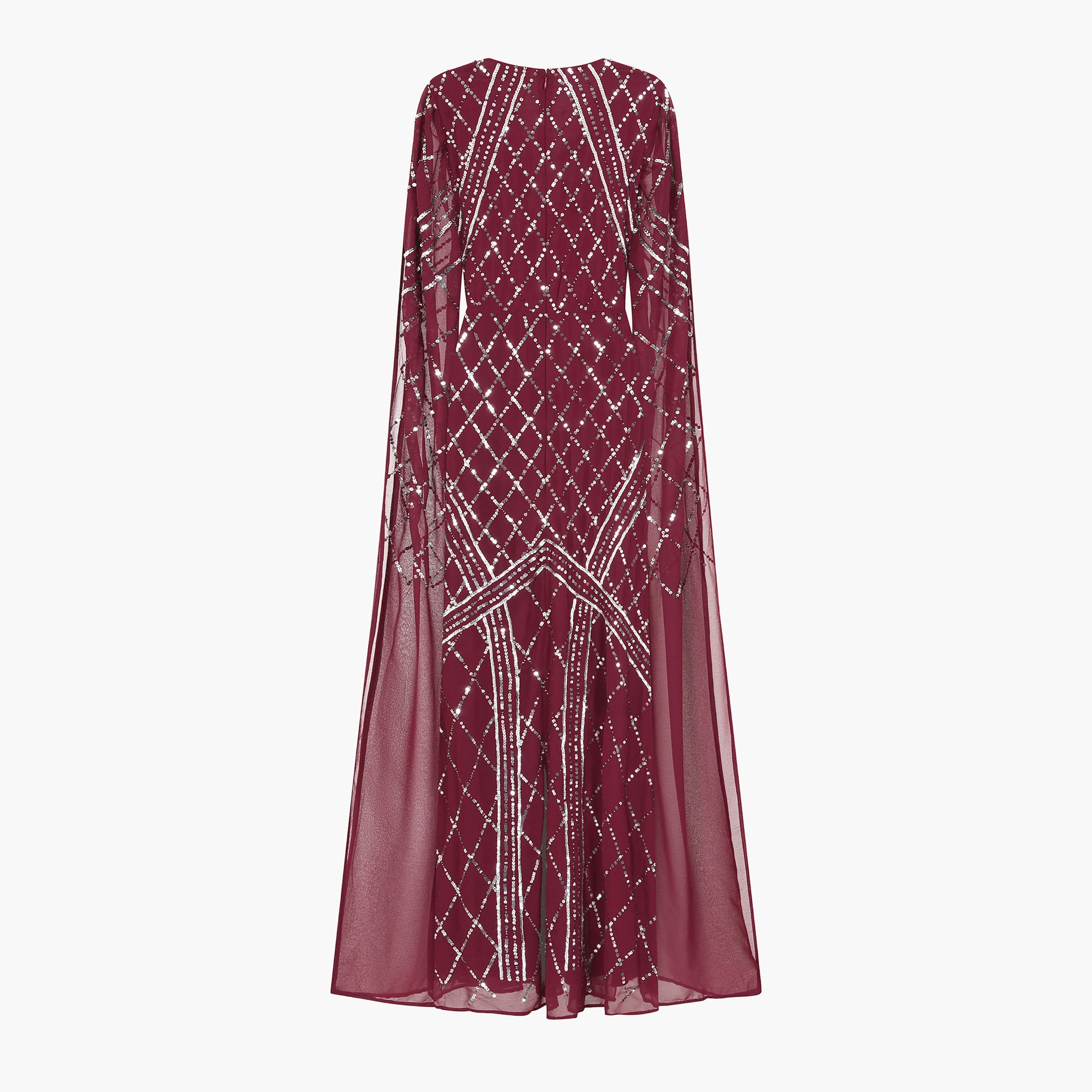 Amelia Rose Tawny Port Sequins Plunge Neck Cape Sleeves Evening Fit & Flare Women's Dress-women-clothing-dresses-image-8