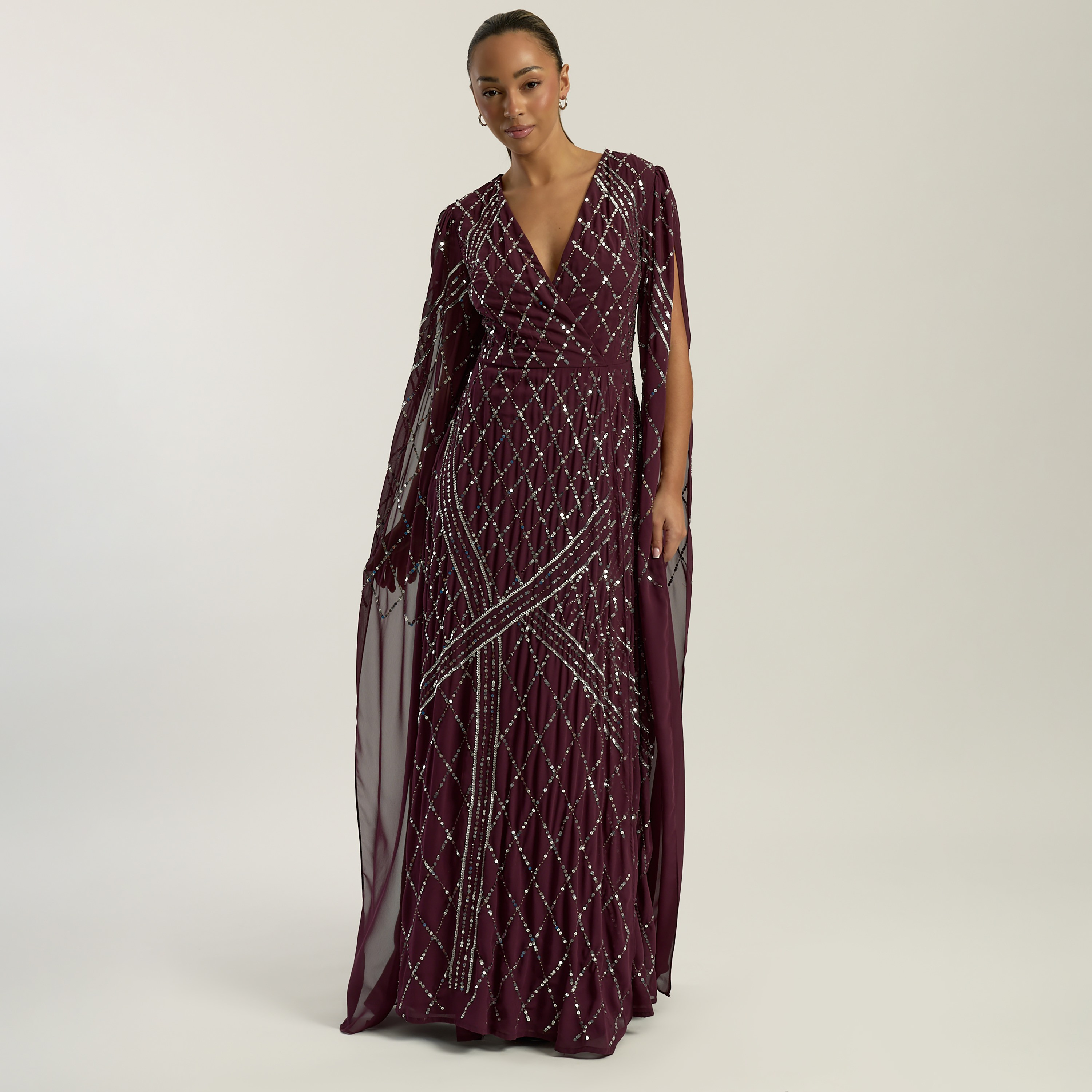 فستان سهرة ماكسي حريمي بتصميم ملفوف (راب) بأكمام كاب وترتر بلون التين من أميليا روز-women-clothing-dresses-image-1