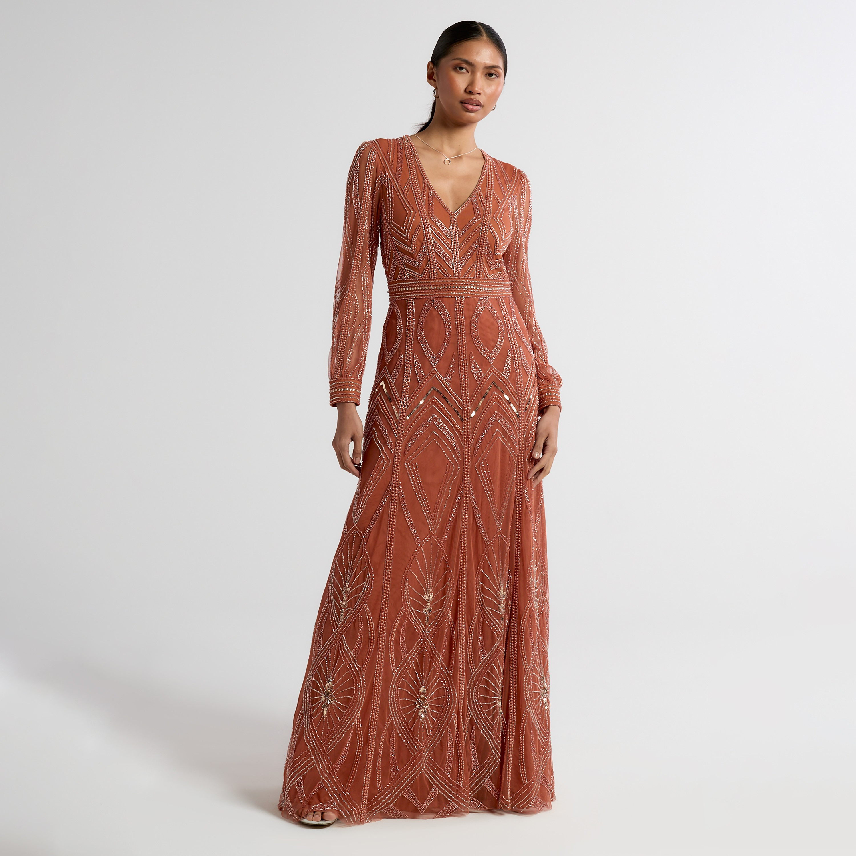 فستان سهرة ماكسي حريمي هندسي مطعم بالخرز بلون البرتقالي المحروق من أميليا روز-women-clothing-dresses-image-1