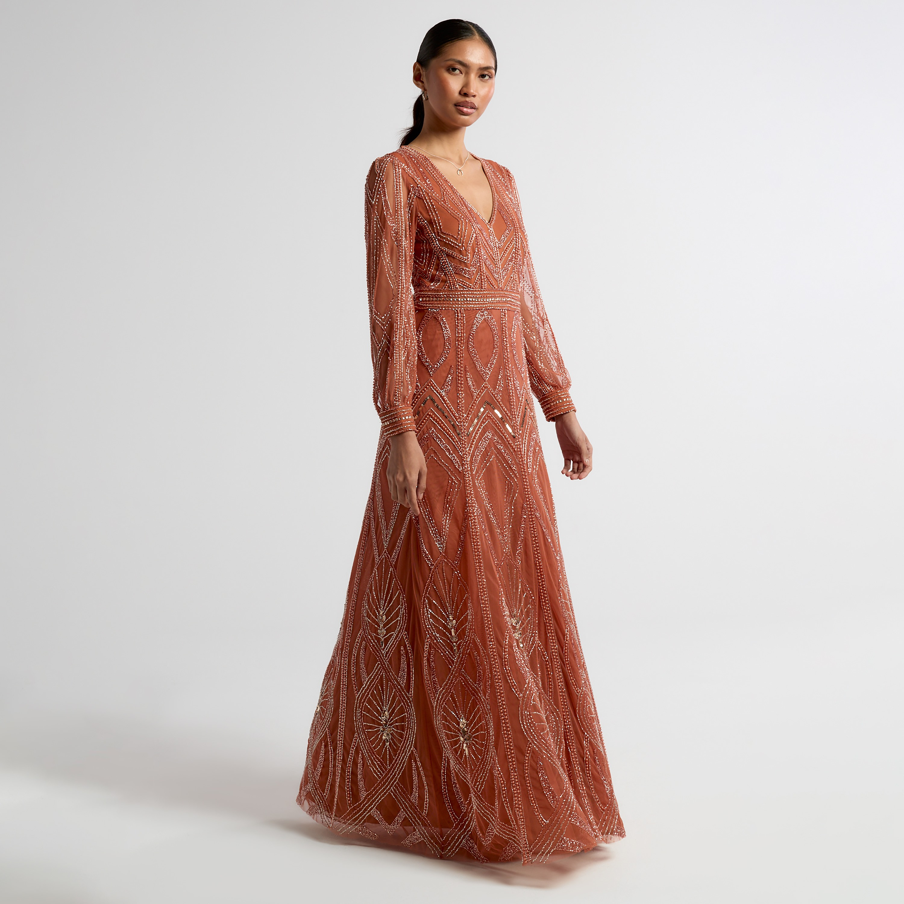 فستان سهرة ماكسي حريمي هندسي مطعم بالخرز بلون البرتقالي المحروق من أميليا روز-women-clothing-dresses-image-2