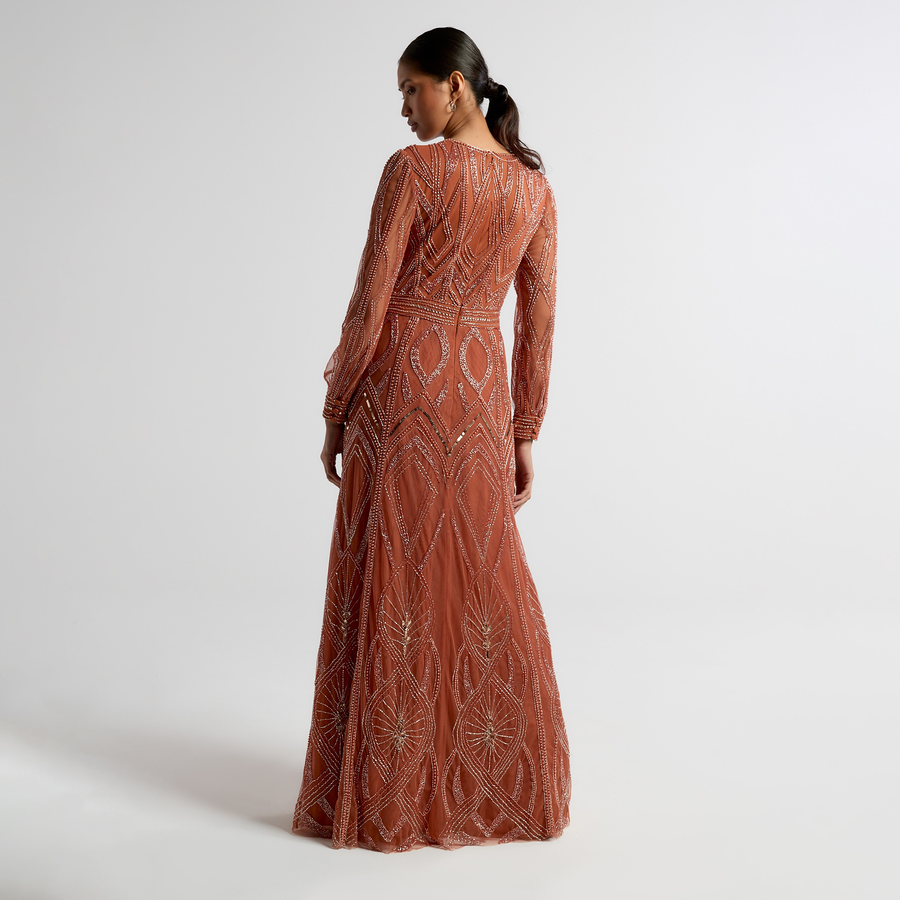 فستان سهرة ماكسي حريمي هندسي مطعم بالخرز بلون البرتقالي المحروق من أميليا روز-women-clothing-dresses-image-3