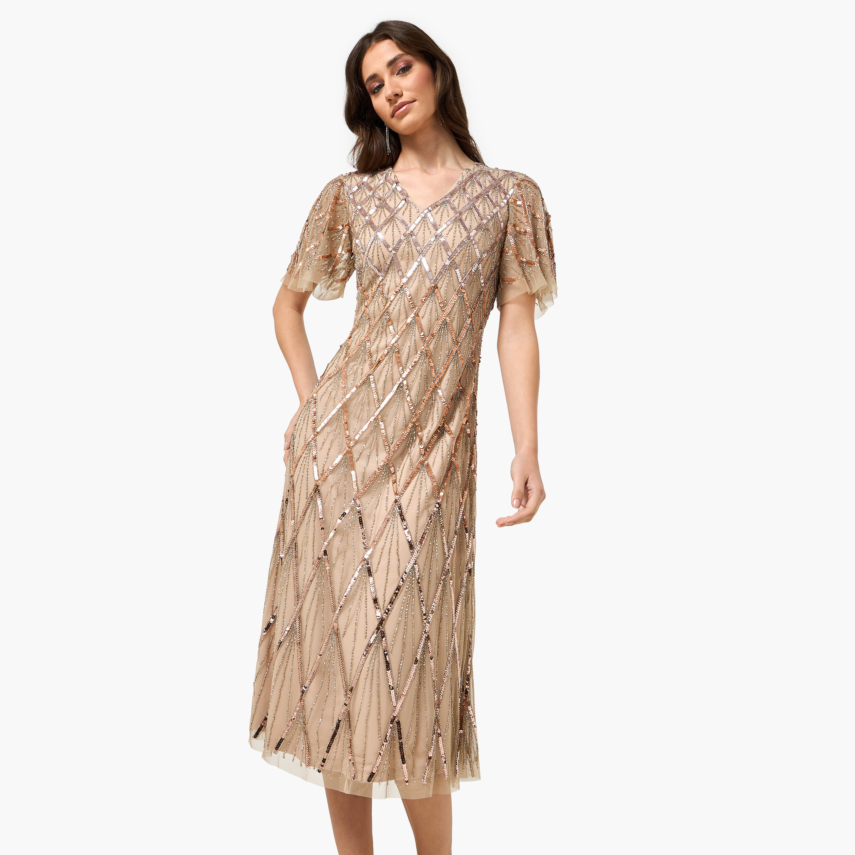 Amelia Rose Beige Sequined Flutter Sleeves Women's Evening Midi Dress-women-clothing-dresses-image-1