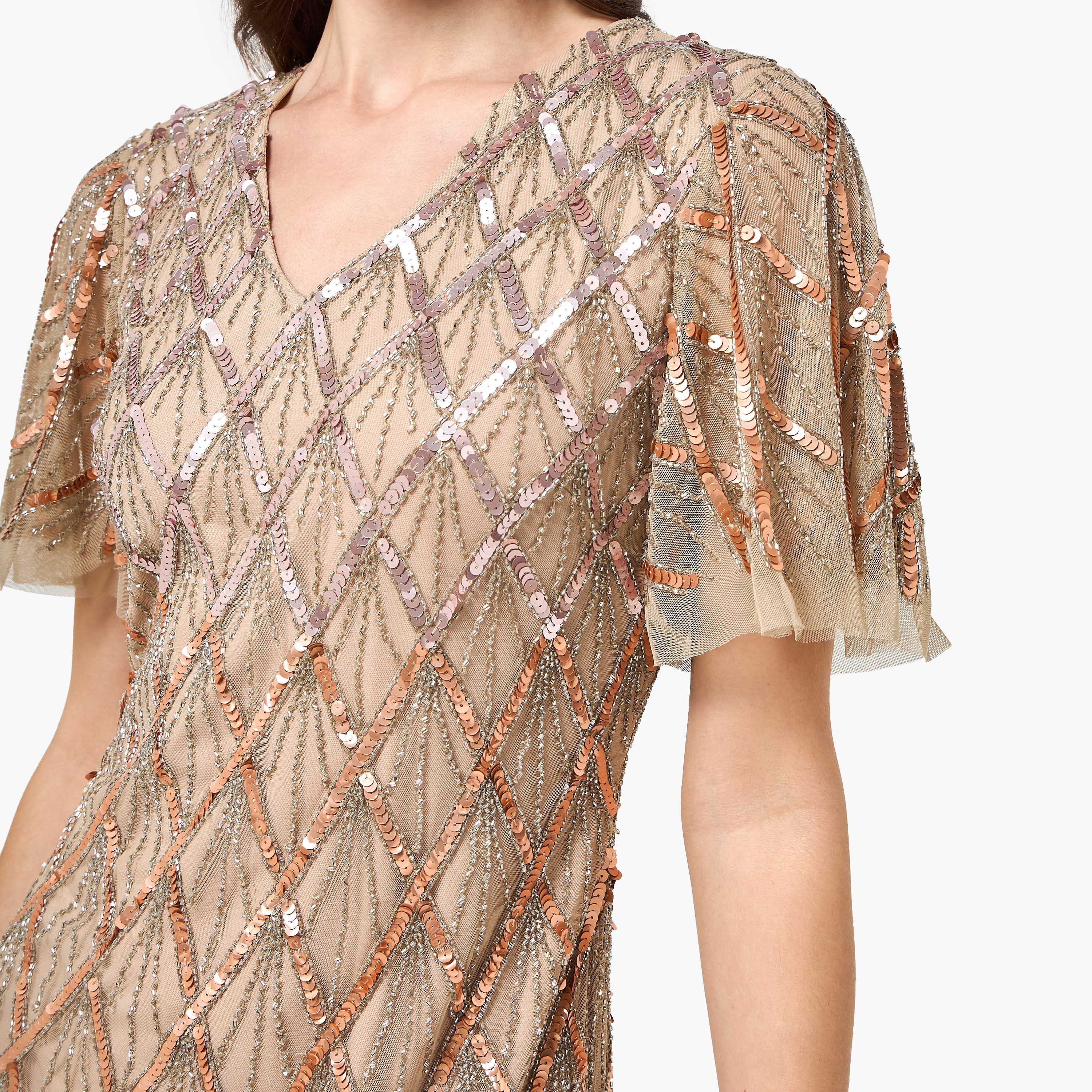 Amelia Rose Beige Sequined Flutter Sleeves Women's Evening Midi Dress-women-clothing-dresses-image-2