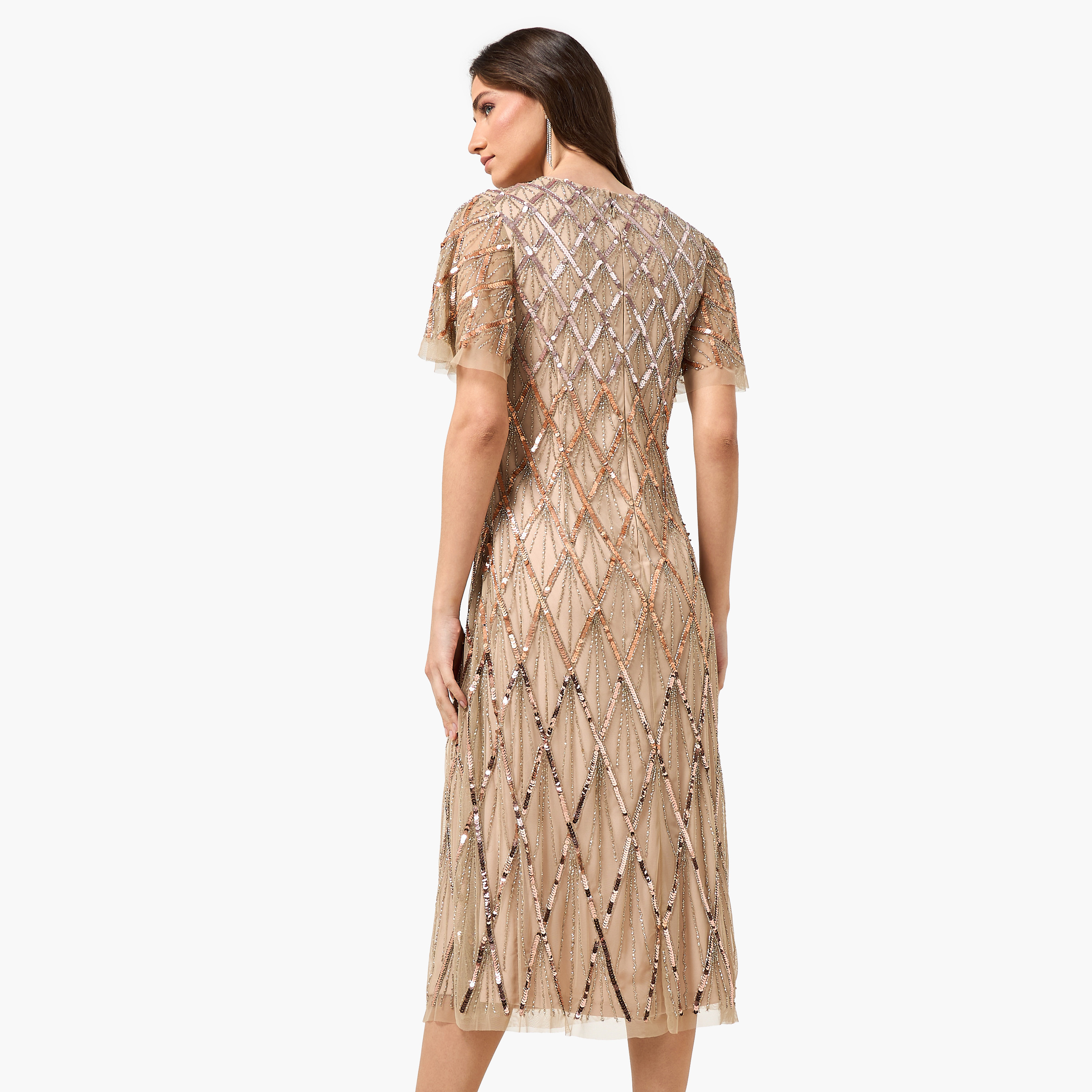 Amelia Rose Beige Sequined Flutter Sleeves Women's Evening Midi Dress-women-clothing-dresses-image-3