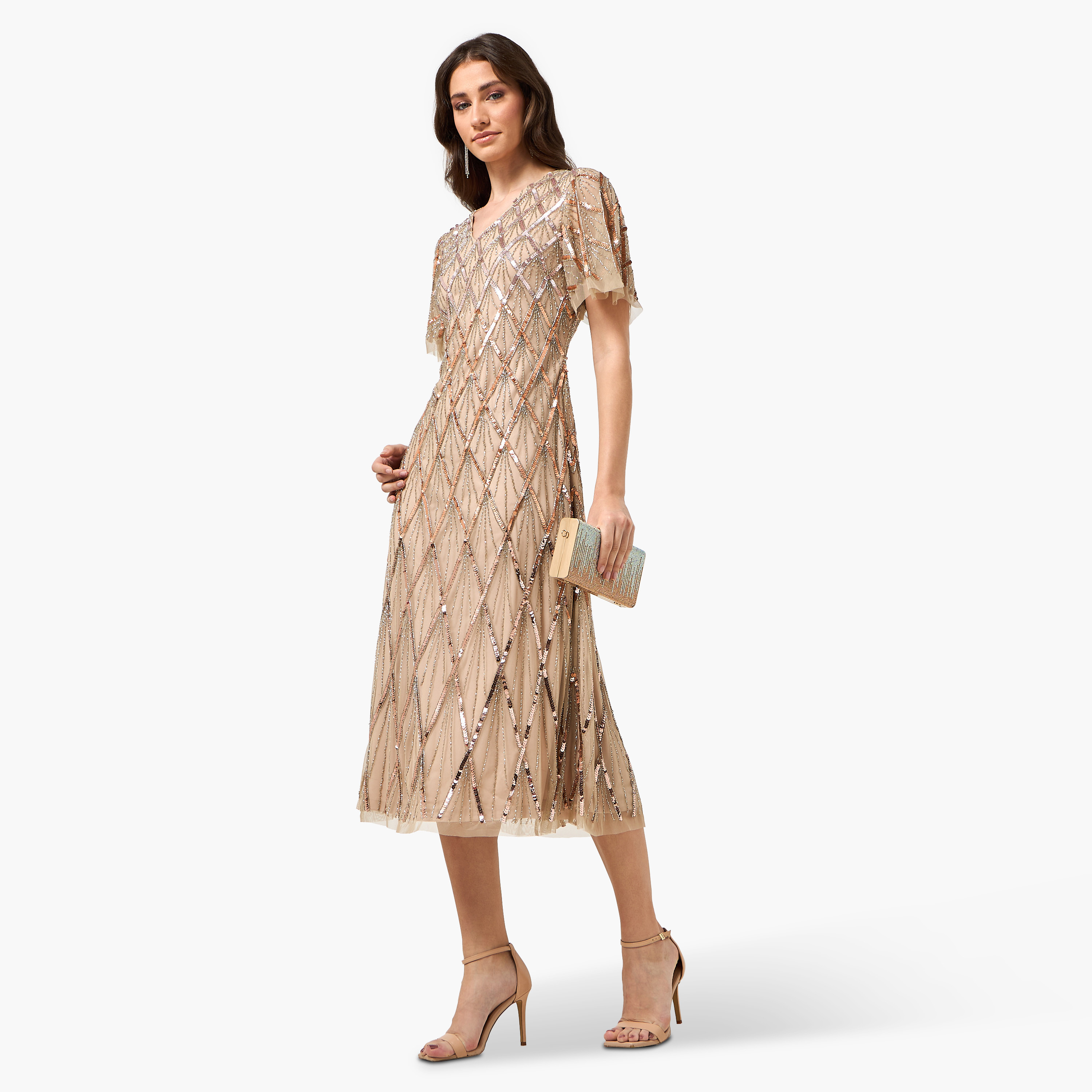 Amelia Rose Beige Sequined Flutter Sleeves Women's Evening Midi Dress-women-clothing-dresses-image-4