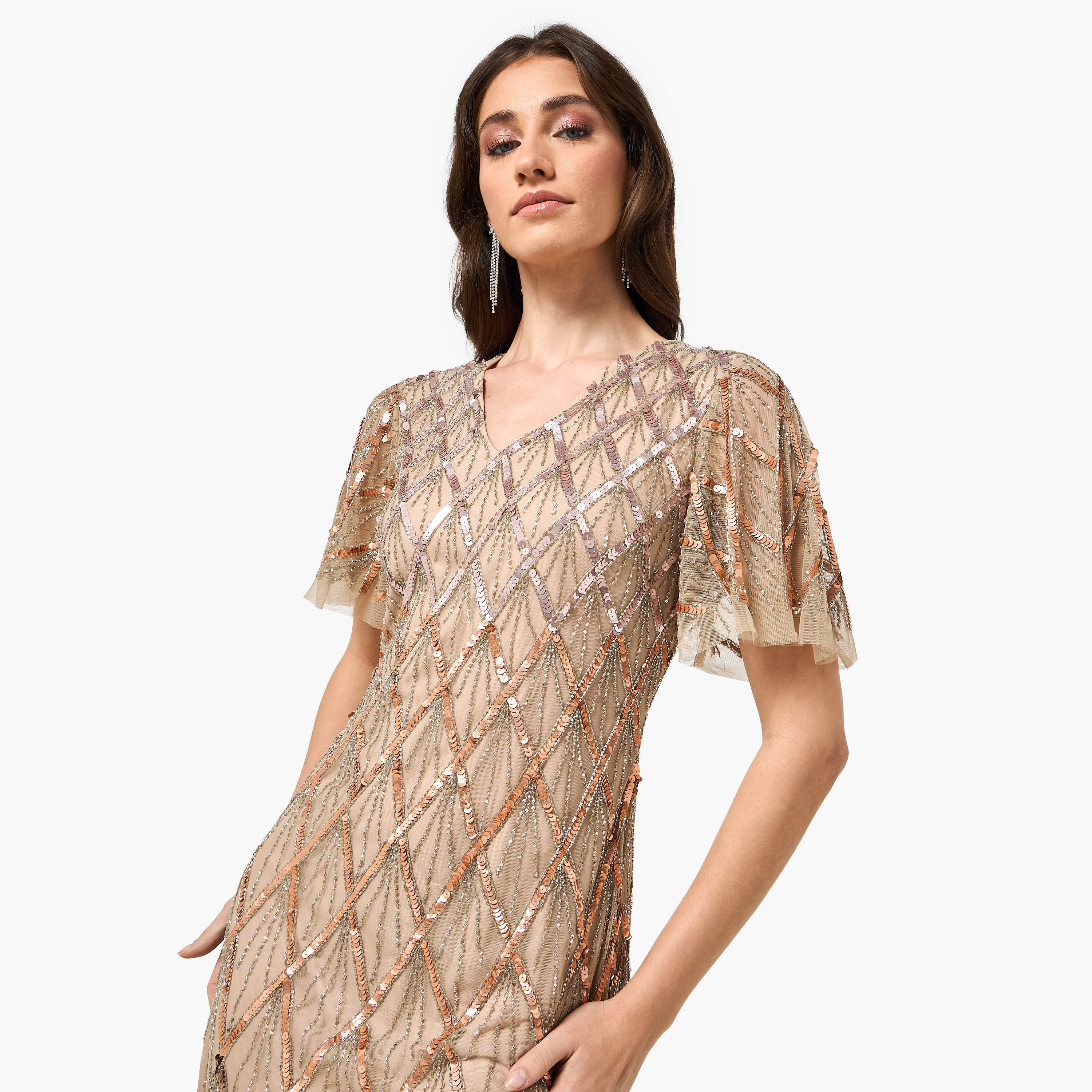 Amelia Rose Beige Sequined Flutter Sleeves Women's Evening Midi Dress-women-clothing-dresses-image-5