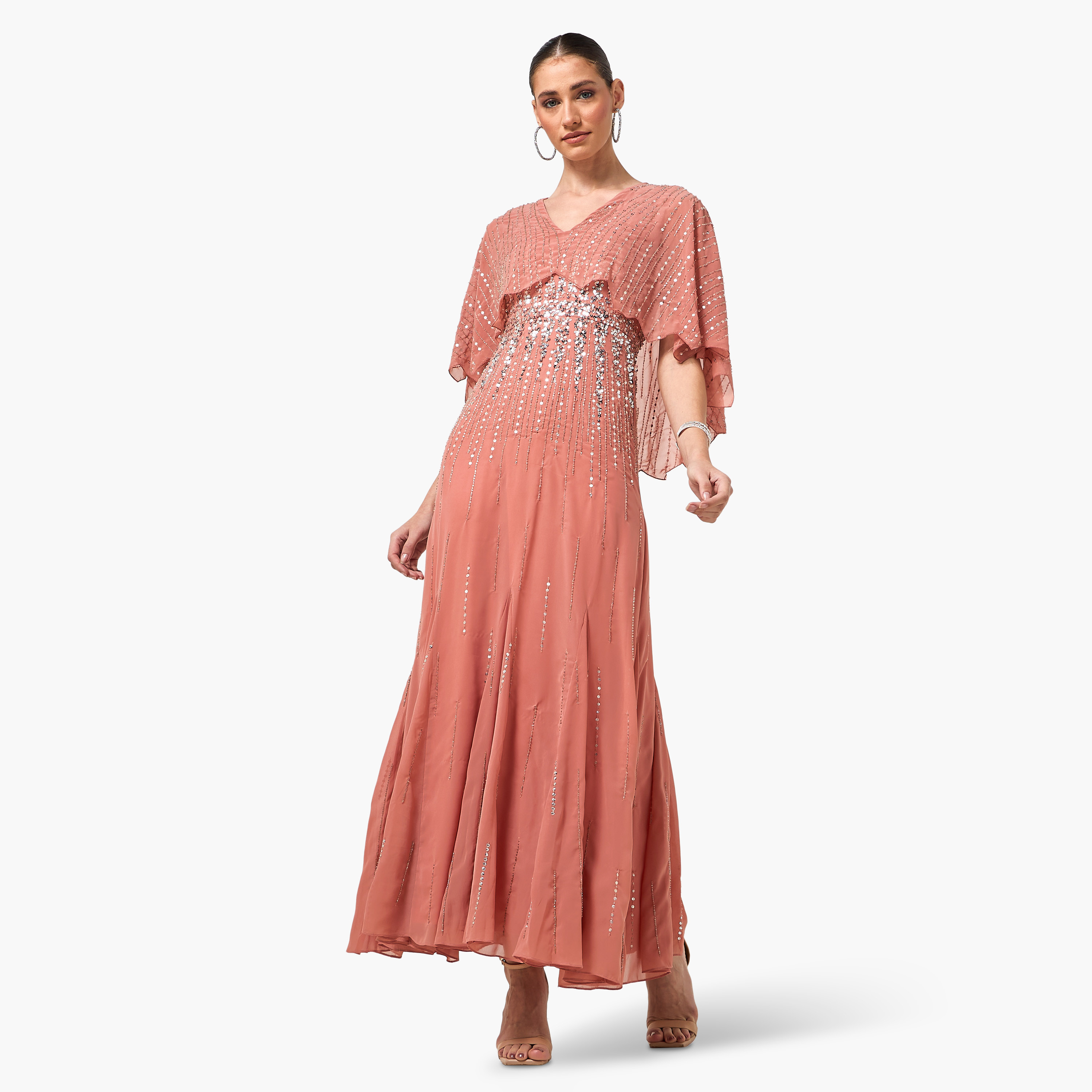 Amelia Rose Peach Sequined & Beaded Cape Overlay Flared Women's Evening Maxi Dress-women-clothing-dresses-image-1