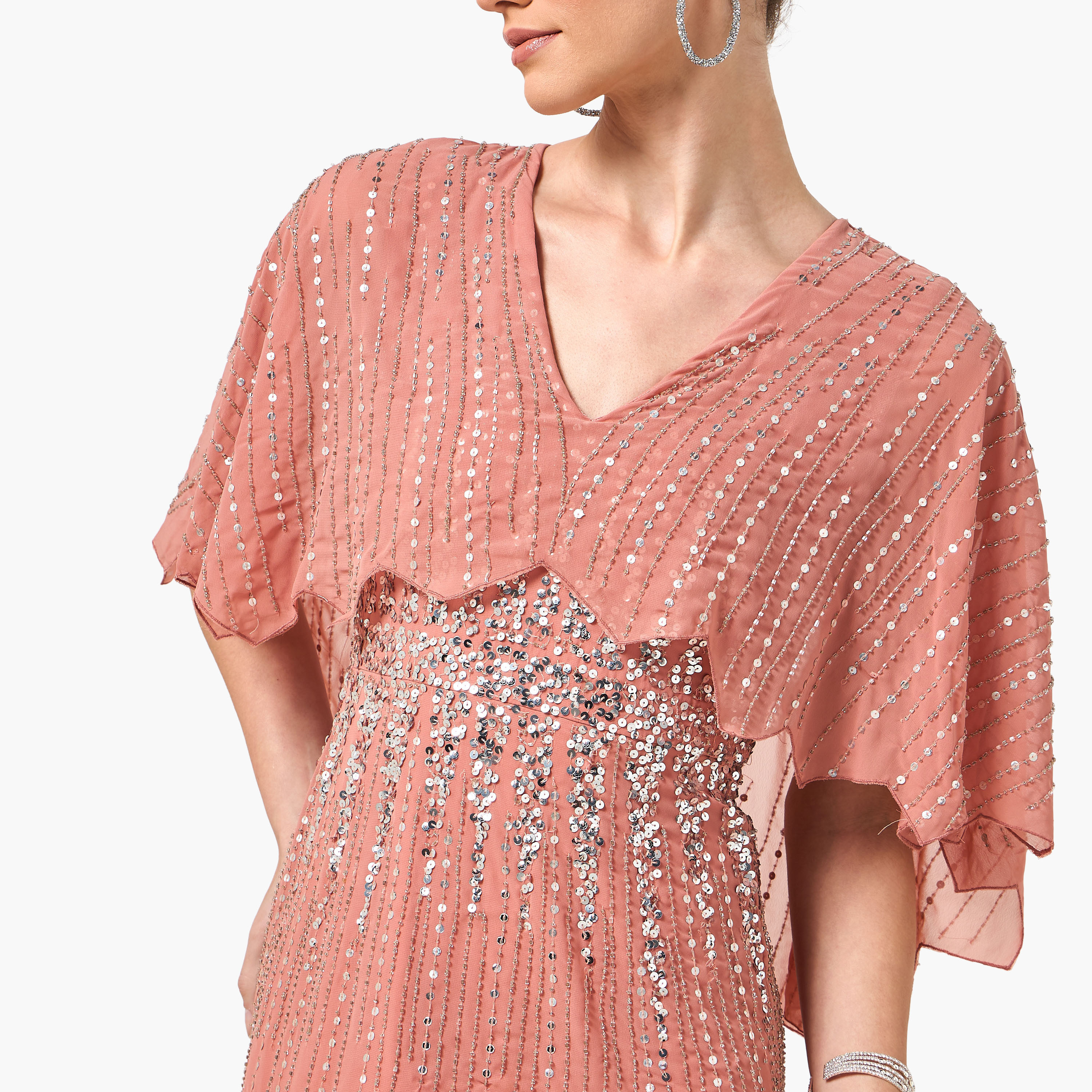 Amelia Rose Peach Sequined & Beaded Cape Overlay Flared Women's Evening Maxi Dress-women-clothing-dresses-image-2
