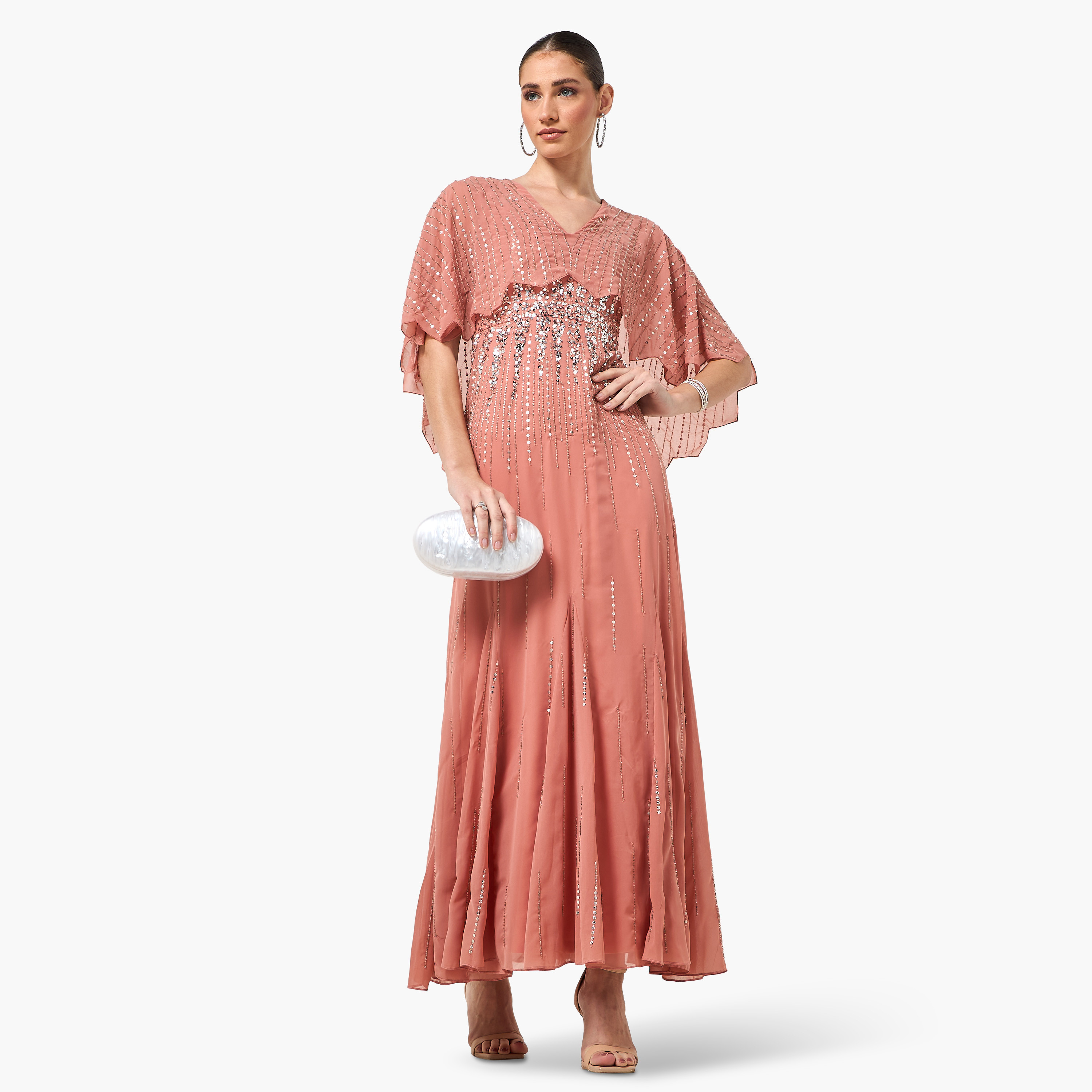 Amelia Rose Peach Sequined & Beaded Cape Overlay Flared Women's Evening Maxi Dress-women-clothing-dresses-image-3