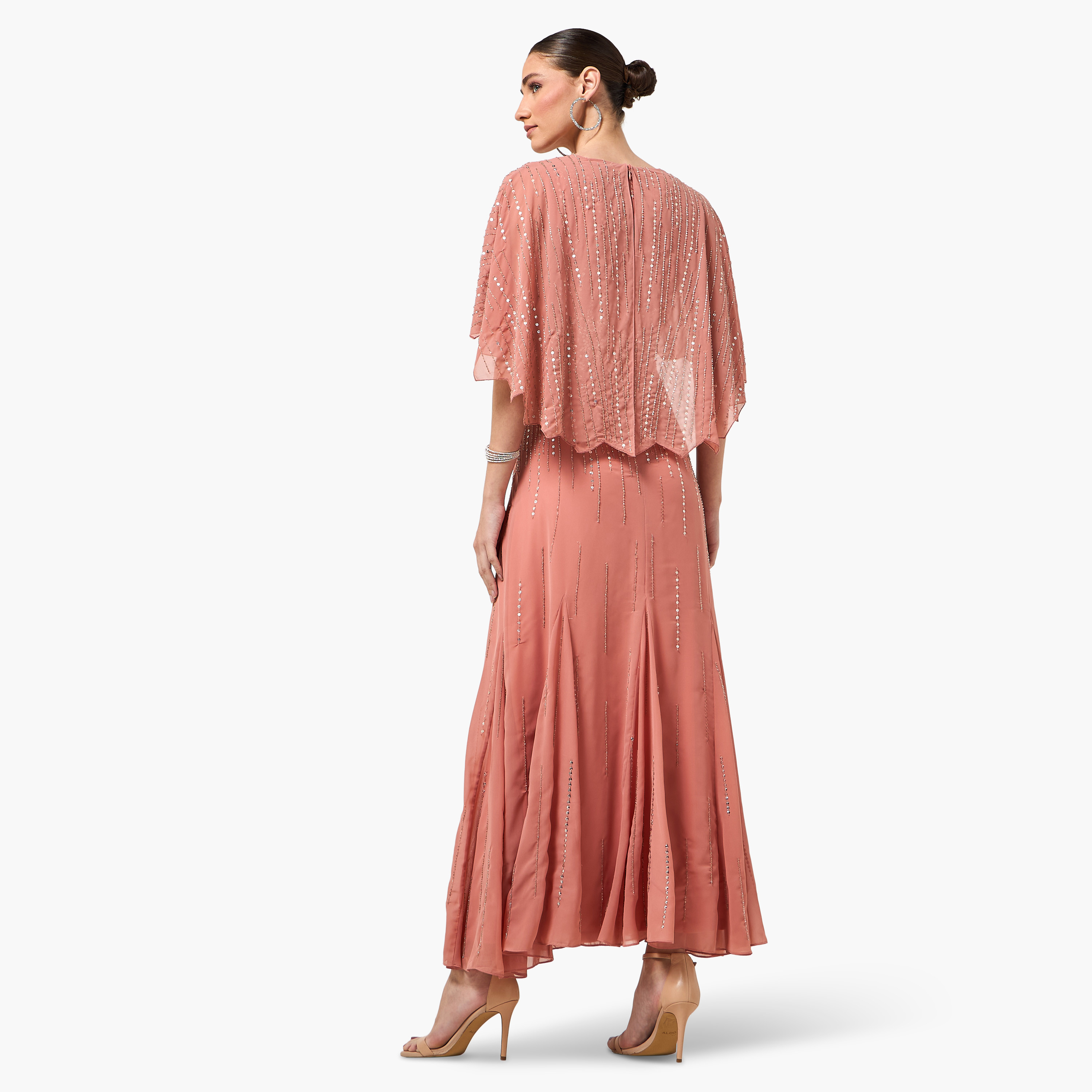 Amelia Rose Peach Sequined & Beaded Cape Overlay Flared Women's Evening Maxi Dress-women-clothing-dresses-image-4