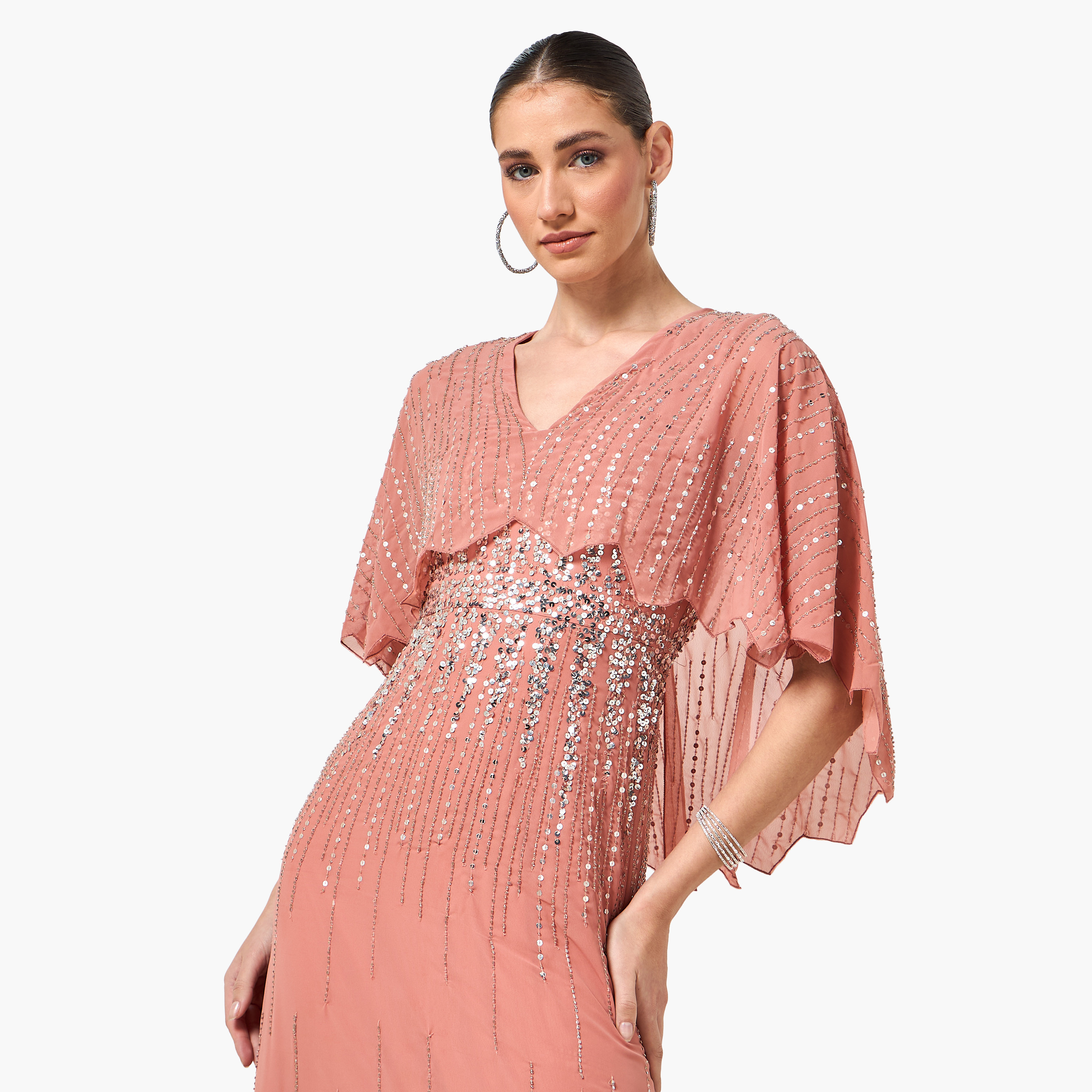 Amelia Rose Peach Sequined & Beaded Cape Overlay Flared Women's Evening Maxi Dress-women-clothing-dresses-image-5