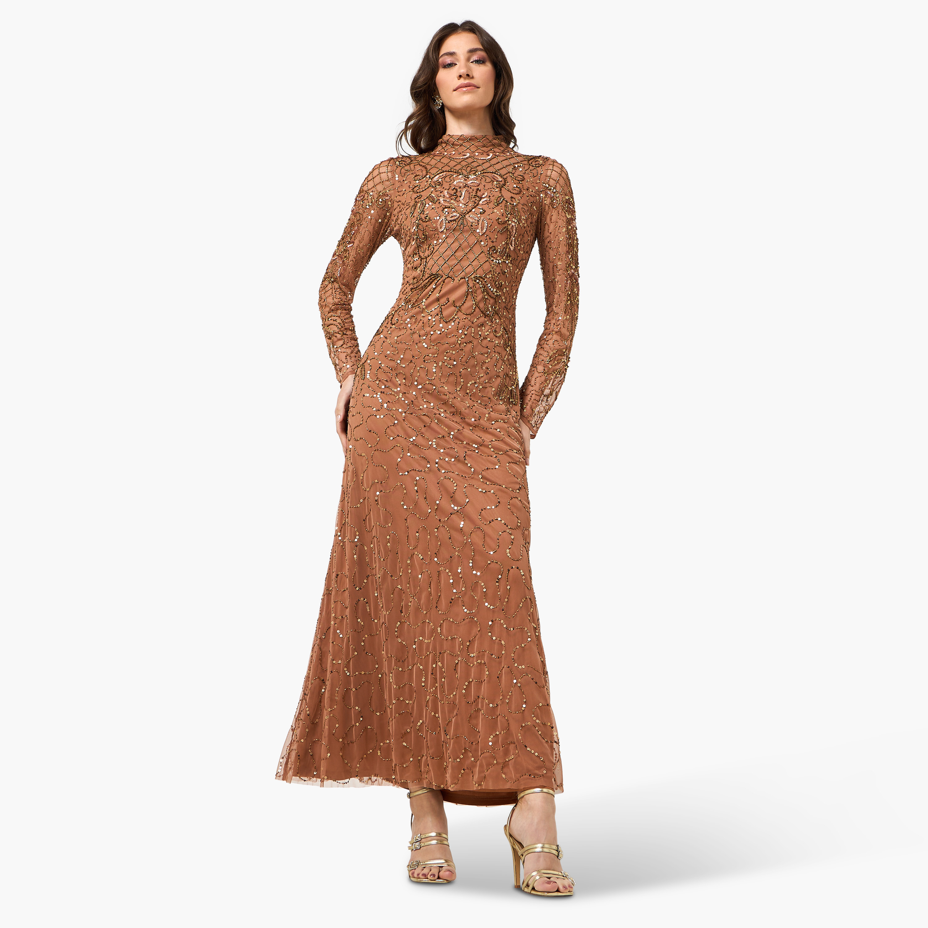 فستان سهرة ماكسي نسائي بقصة واسعة وياقة مرتفعة ومزين بالخرز من أميليا روز - بني-women-clothing-dresses-image-1