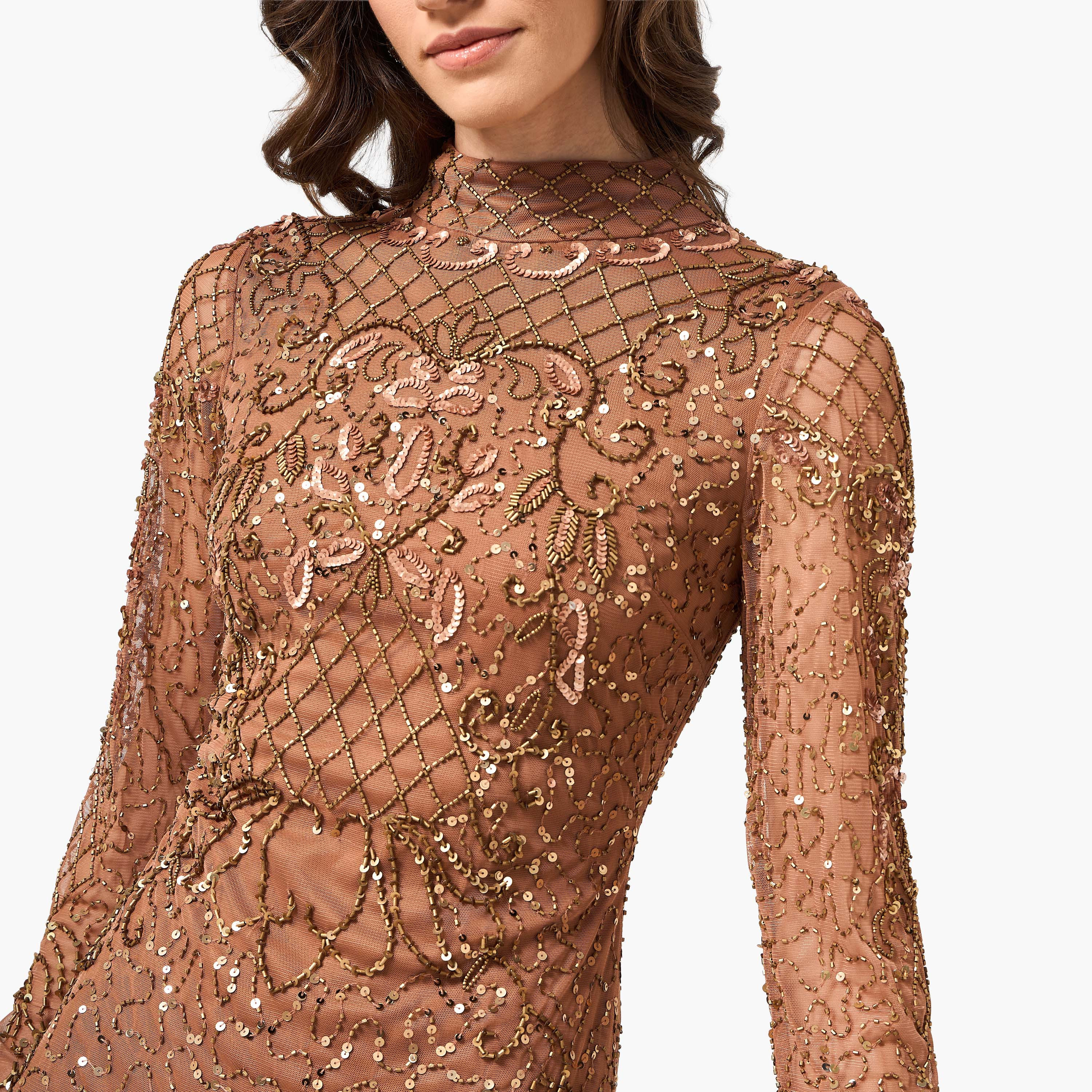 فستان سهرة ماكسي نسائي بقصة واسعة وياقة مرتفعة ومزين بالخرز من أميليا روز - بني-women-clothing-dresses-image-2