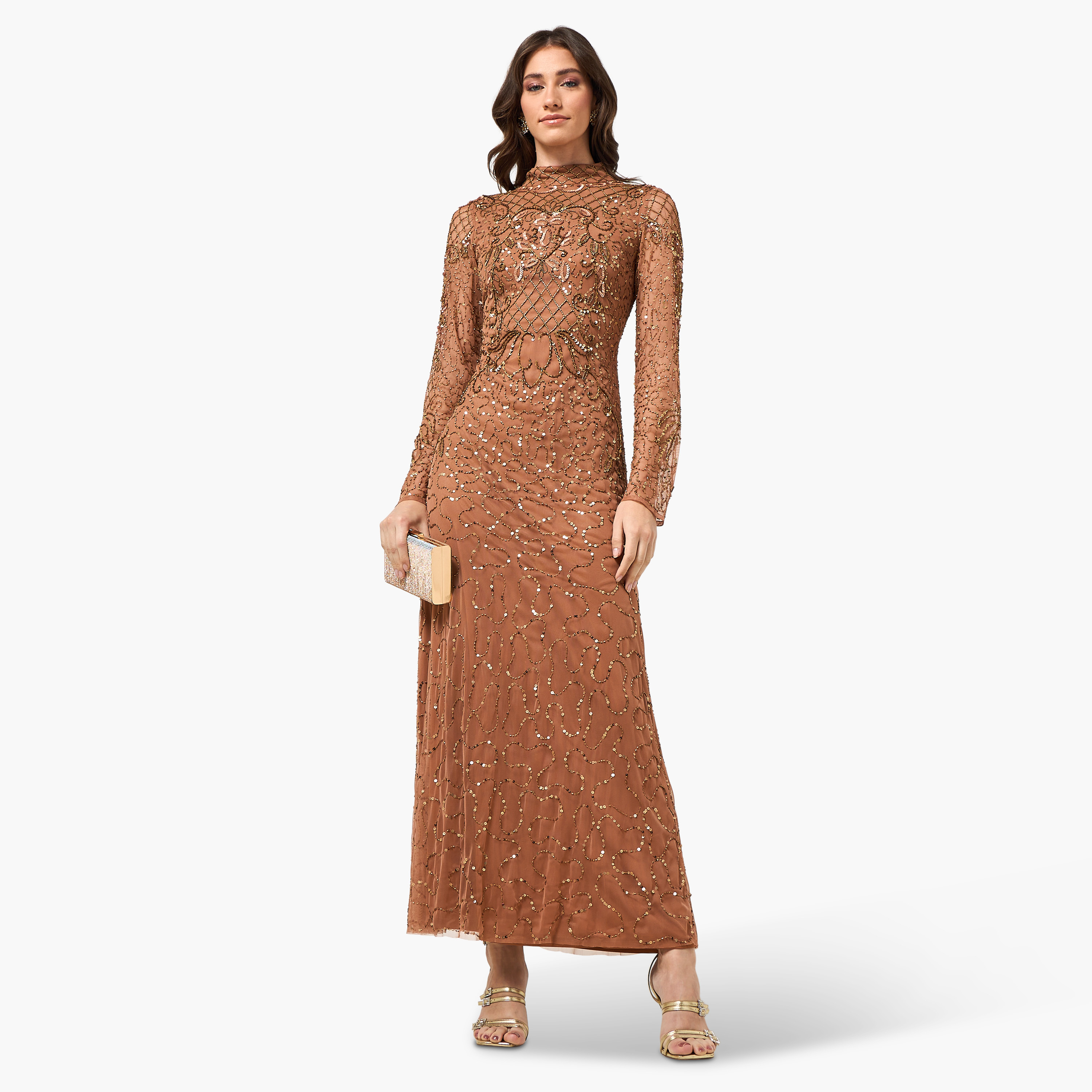 فستان سهرة ماكسي نسائي بقصة واسعة وياقة مرتفعة ومزين بالخرز من أميليا روز - بني-women-clothing-dresses-image-3