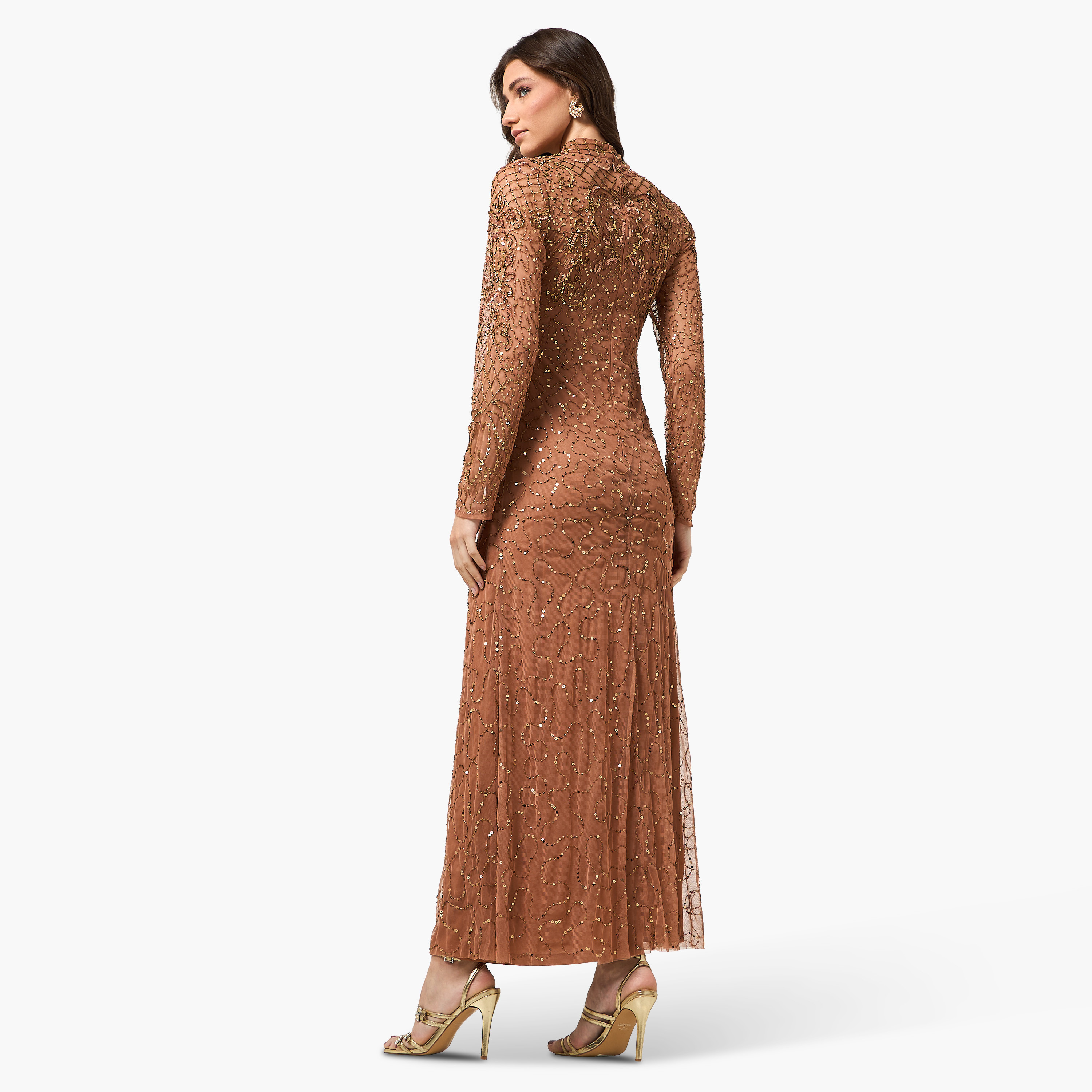 فستان سهرة ماكسي نسائي بقصة واسعة وياقة مرتفعة ومزين بالخرز من أميليا روز - بني-women-clothing-dresses-image-4