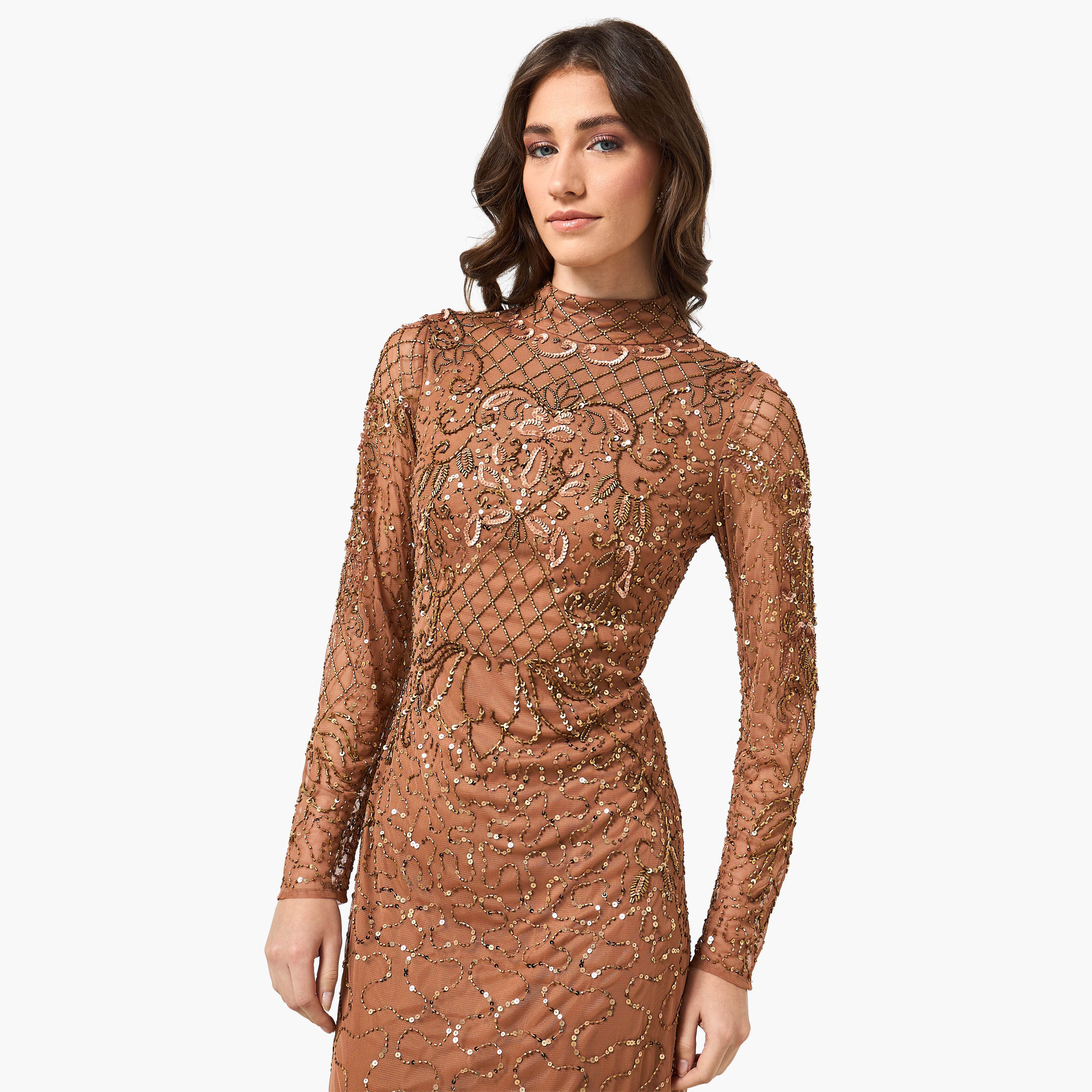 فستان سهرة ماكسي نسائي بقصة واسعة وياقة مرتفعة ومزين بالخرز من أميليا روز - بني-women-clothing-dresses-image-5