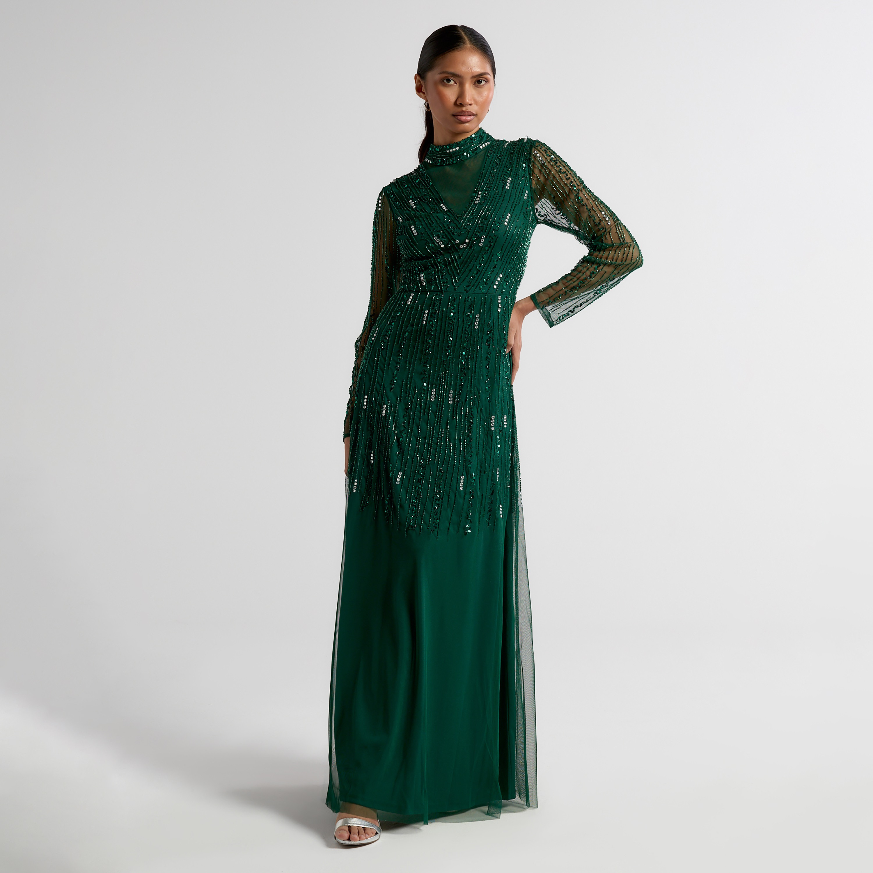 Amelia Rose Aventurine Beaded High Neck Women's Evening Maxi Dress-women-clothing-dresses-image-1