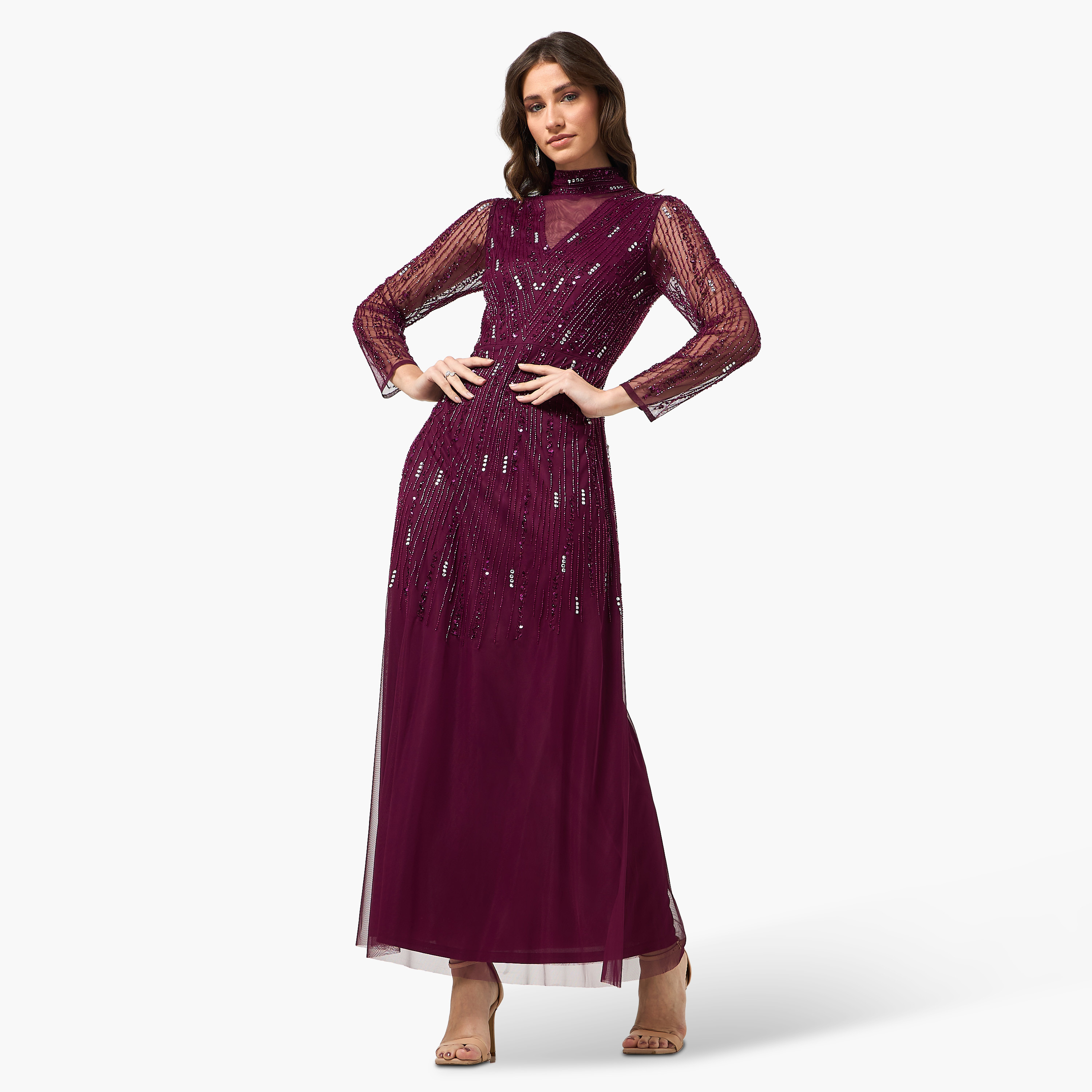فستان سهرة ماكسي نسائي بقصة واسعة وياقة مرتفعة ومزين بالخرز من أميليا روز - أرجواني-women-clothing-dresses-image-1