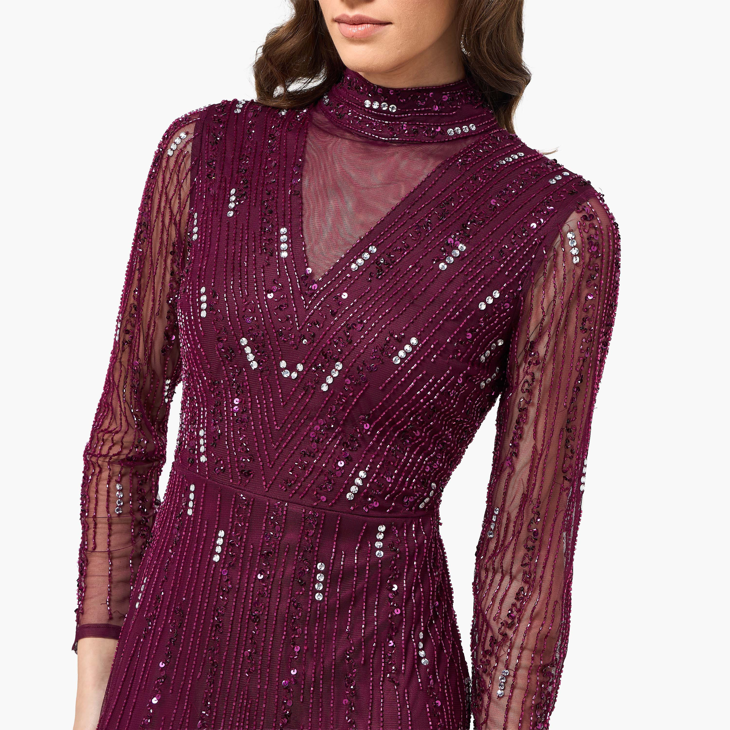 فستان سهرة ماكسي نسائي بقصة واسعة وياقة مرتفعة ومزين بالخرز من أميليا روز - أرجواني-women-clothing-dresses-image-2