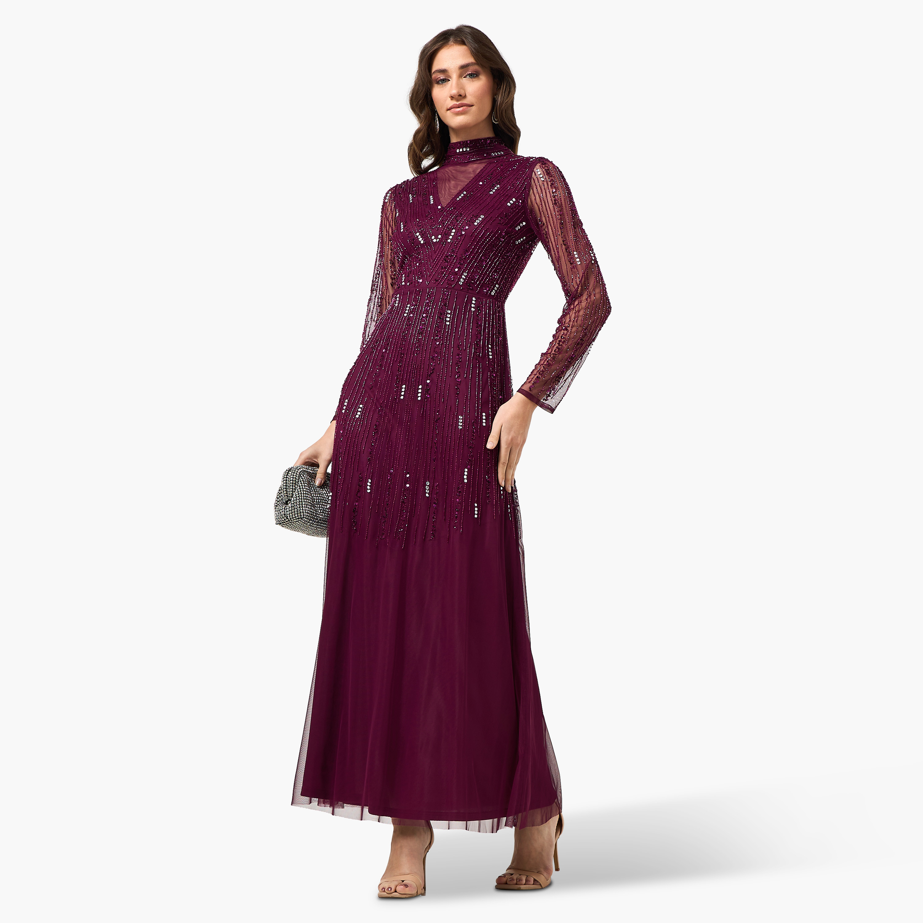 فستان سهرة ماكسي نسائي بقصة واسعة وياقة مرتفعة ومزين بالخرز من أميليا روز - أرجواني-women-clothing-dresses-image-3