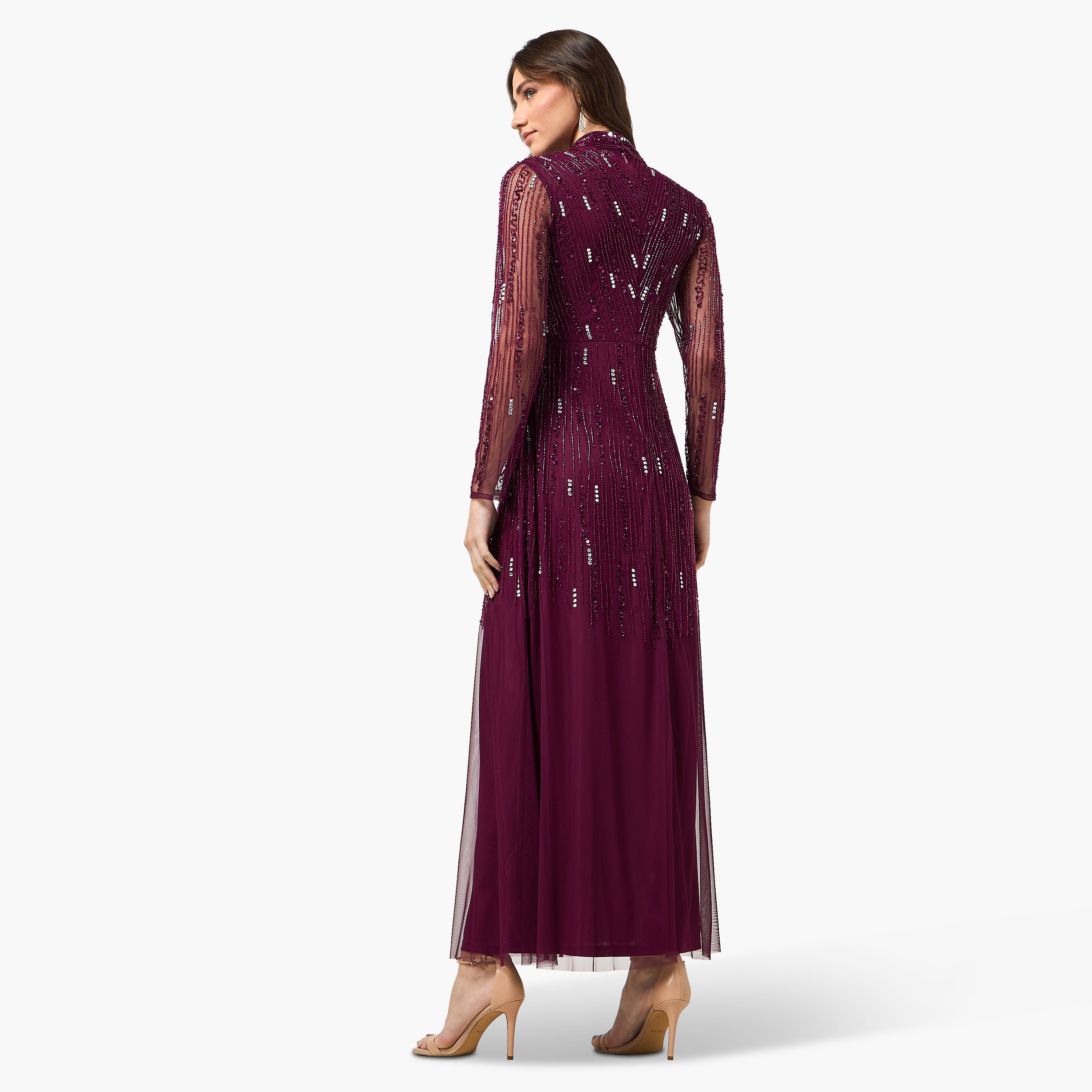 فستان سهرة ماكسي نسائي بقصة واسعة وياقة مرتفعة ومزين بالخرز من أميليا روز - أرجواني-women-clothing-dresses-image-4