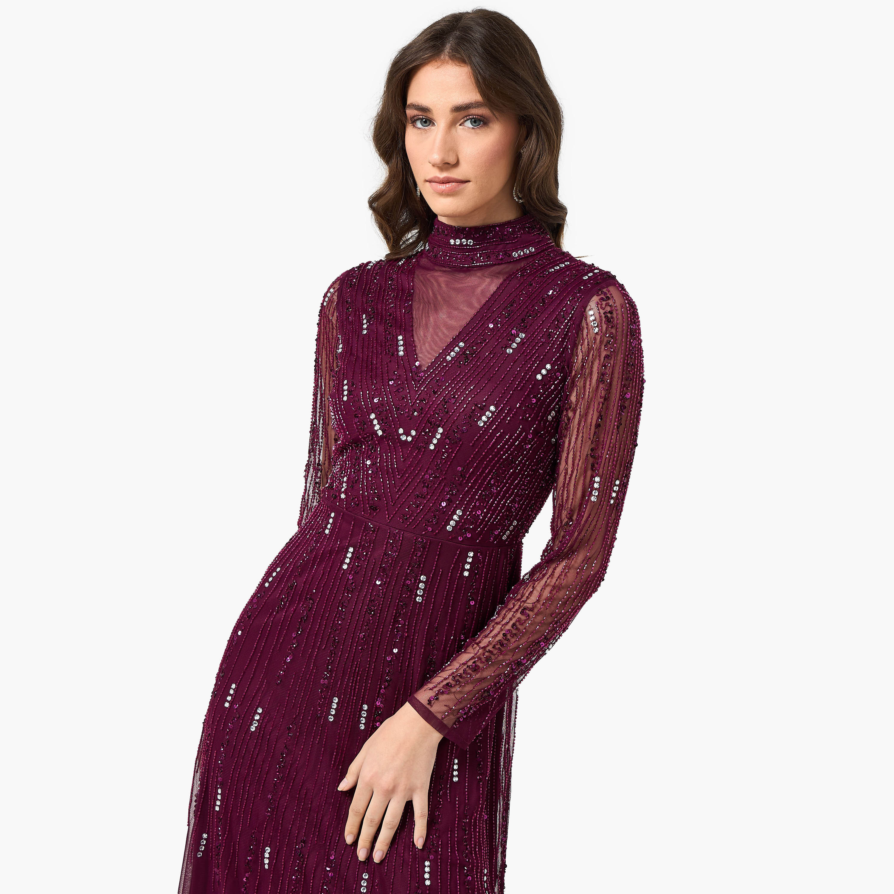 فستان سهرة ماكسي نسائي بقصة واسعة وياقة مرتفعة ومزين بالخرز من أميليا روز - أرجواني-women-clothing-dresses-image-5