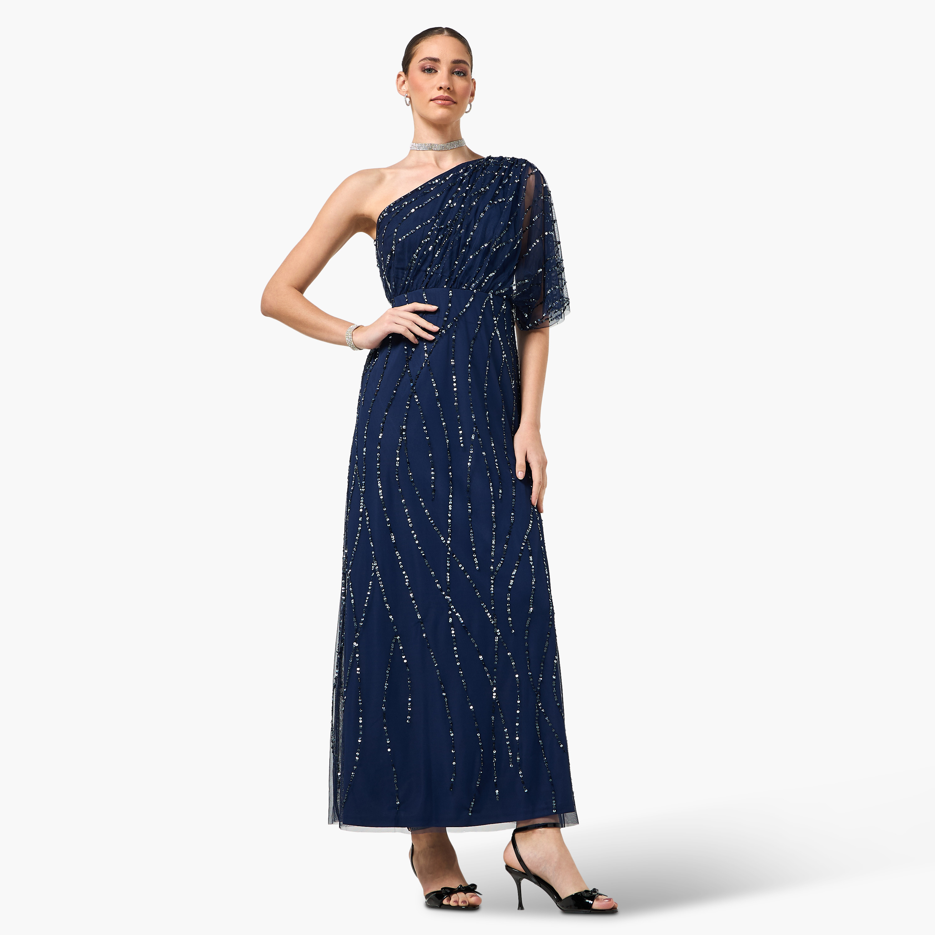 فستان سهرة ماكسي نسائي بكتف واحد وأكمام واسعة ومزين بالترتر من أميليا روز - كحلي-women-clothing-dresses-image-1