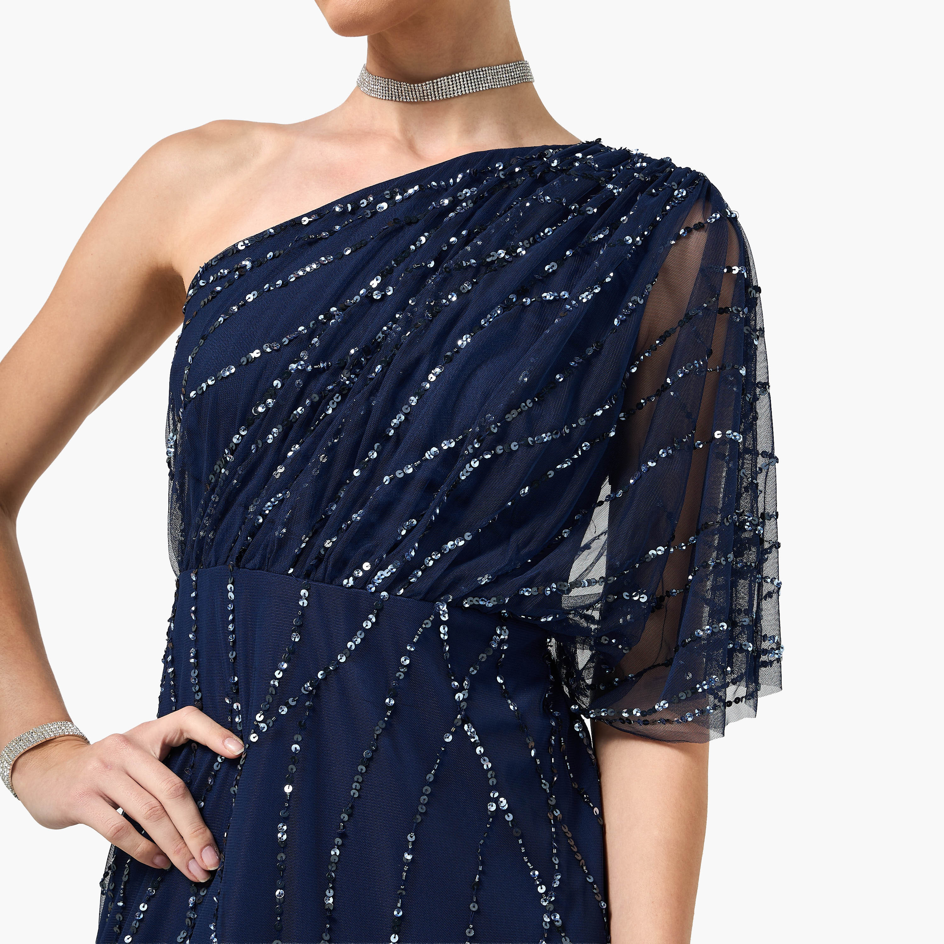 Amelia Rose Navy Sequined One Shoulder Flutter Sleeve Women's Evening Maxi Dress-women-clothing-dresses-image-2