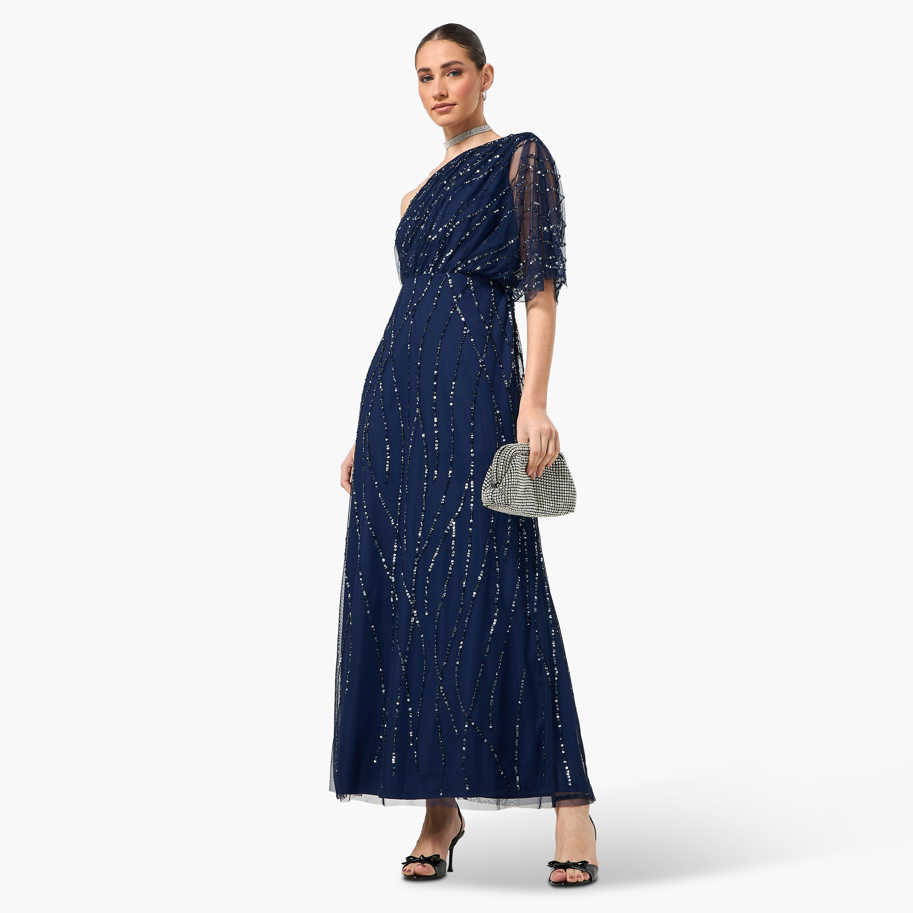 فستان سهرة ماكسي نسائي بكتف واحد وأكمام واسعة ومزين بالترتر من أميليا روز - كحلي-women-clothing-dresses-image-3