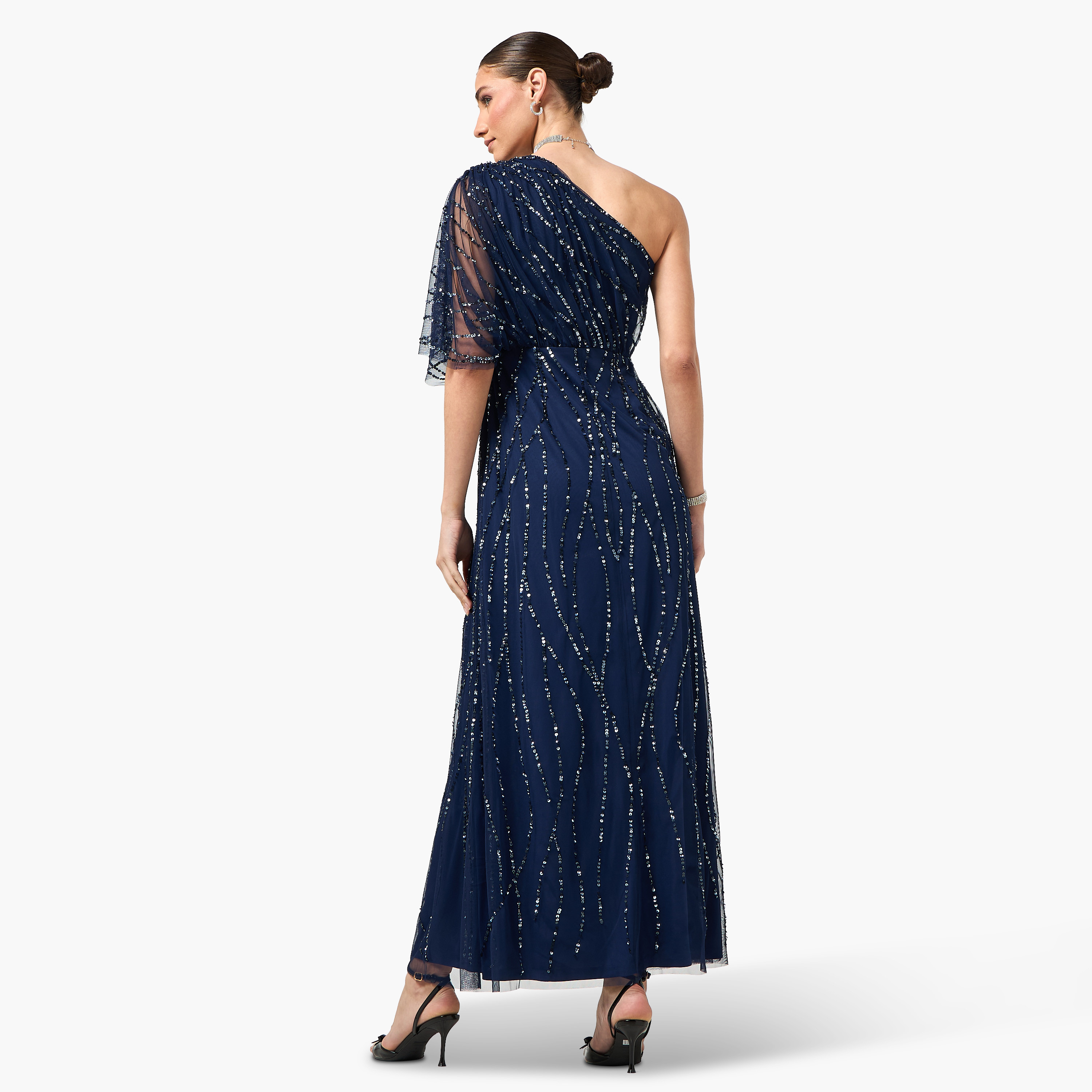 فستان سهرة ماكسي نسائي بكتف واحد وأكمام واسعة ومزين بالترتر من أميليا روز - كحلي-women-clothing-dresses-image-4