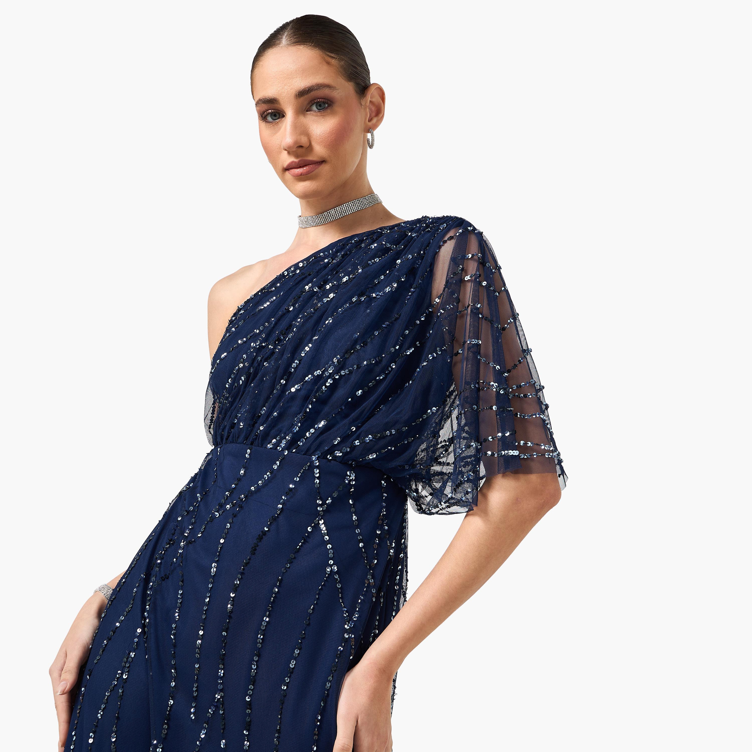 Amelia Rose Navy Sequined One Shoulder Flutter Sleeve Women's Evening Maxi Dress-women-clothing-dresses-image-5