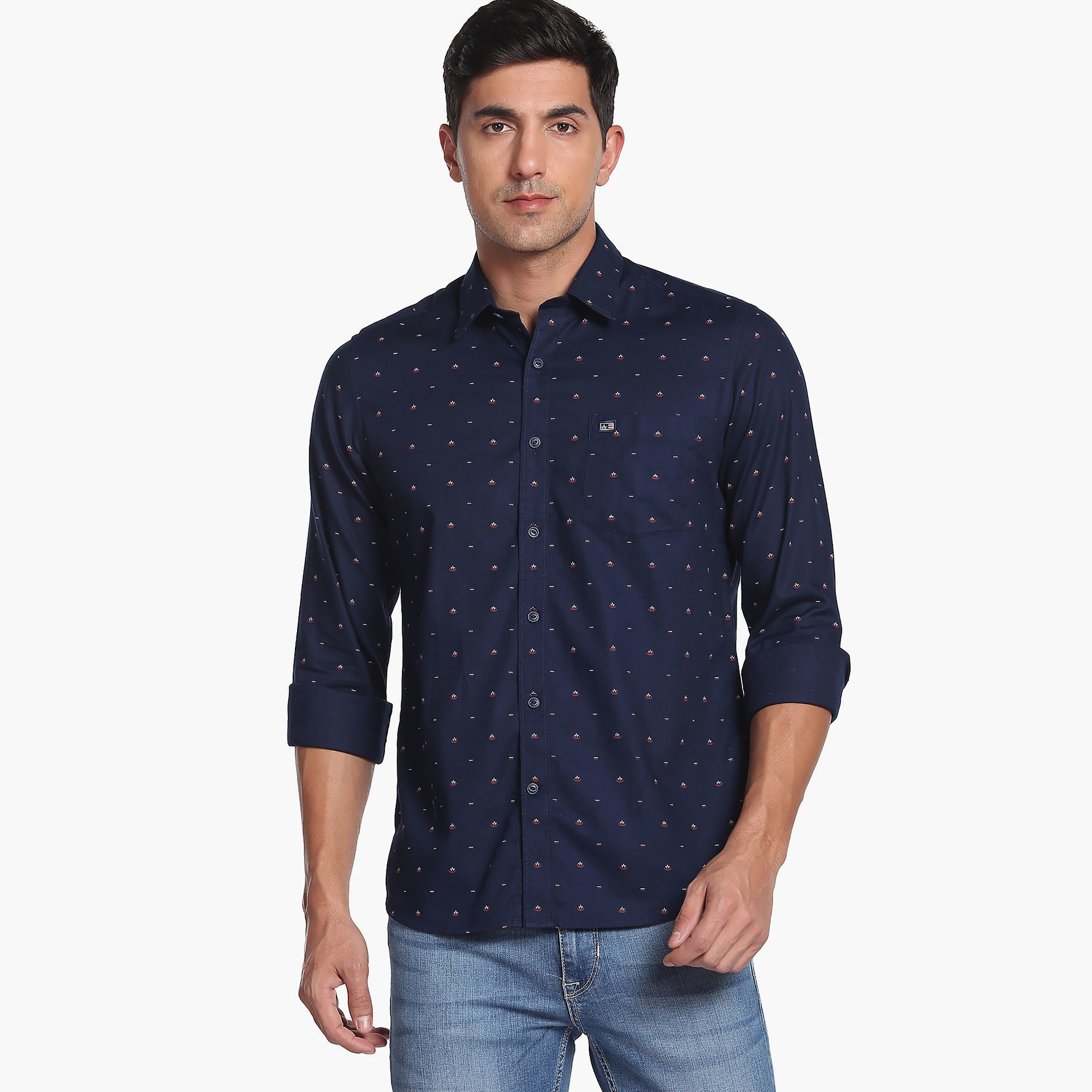 قميص كاجوال بأكمام طويلة وسليم فت مع نقشة مطبوع باللون الأزرق الكحلي من أرو-men-clothing-shirts-image-1